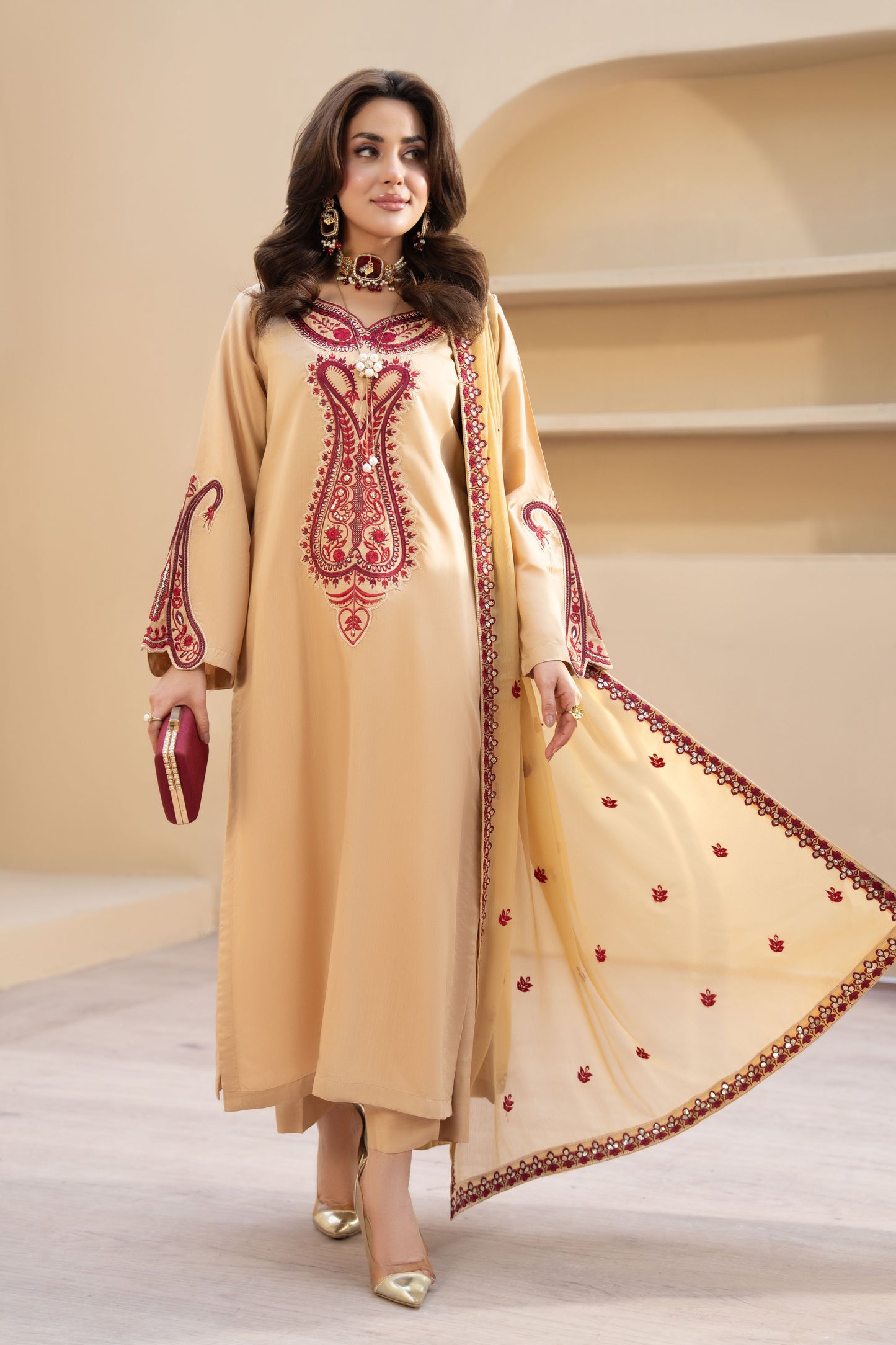 ZZ7 Zimal Zephira Beige & Crimson Embroidered 3pc Viscose Suit