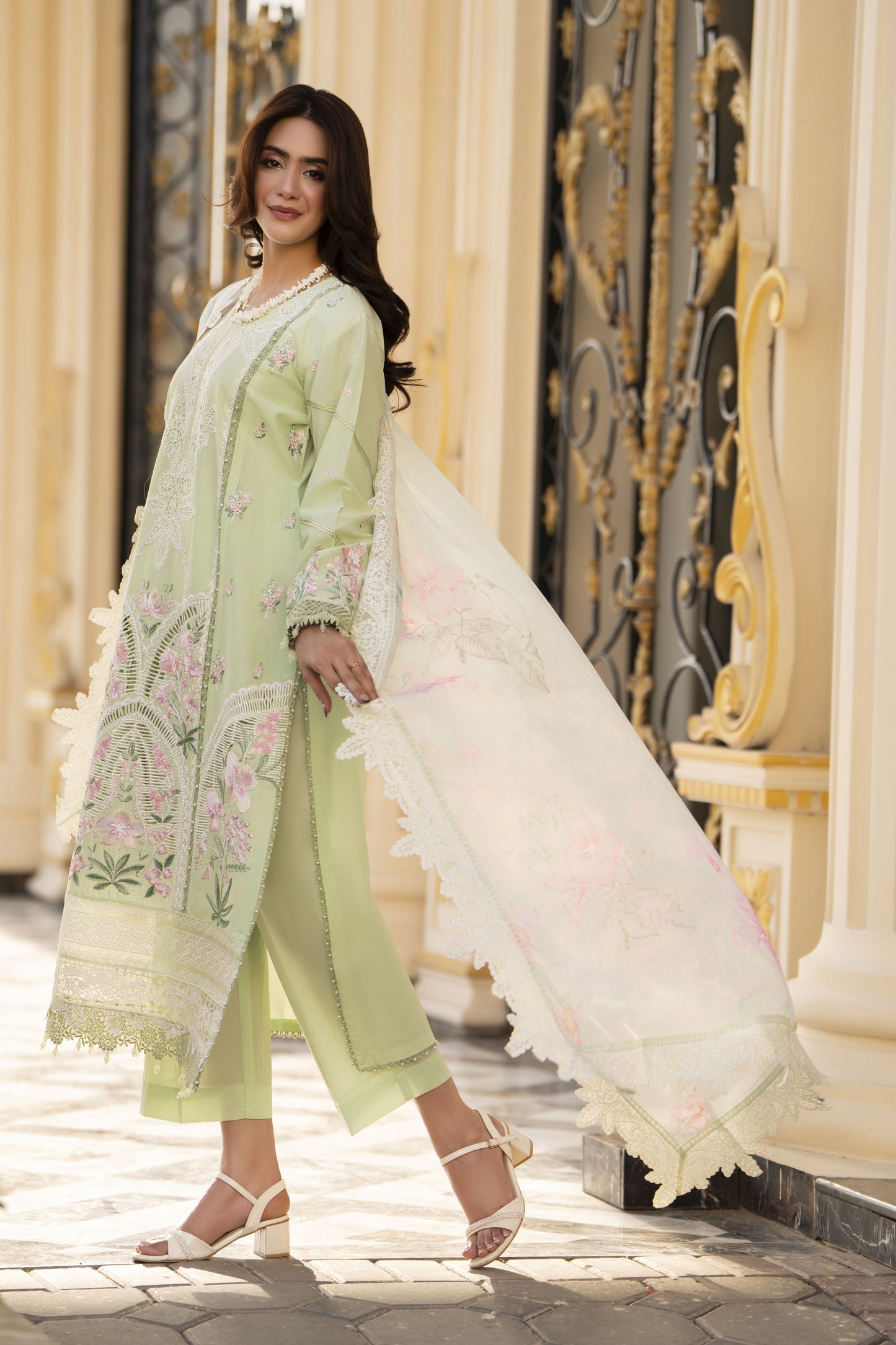 Arwah Aureen AA13 3pc Embroidered Cotton Long Suit with Printed Chiffon Dupatta