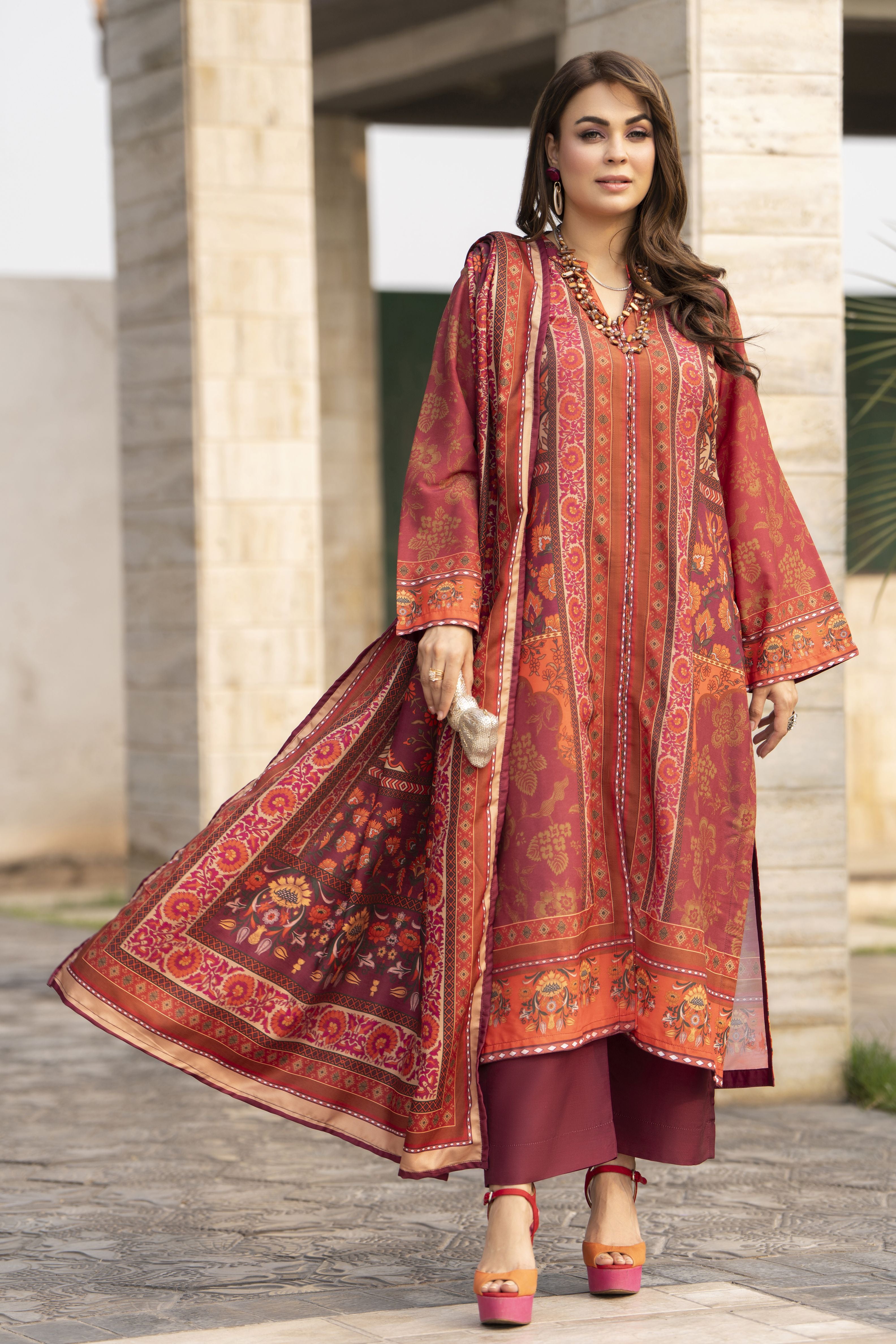 NBH7 Naqsh by Hemline Poly Grip 3PC A-Line Suit with Herringbone Dupatta