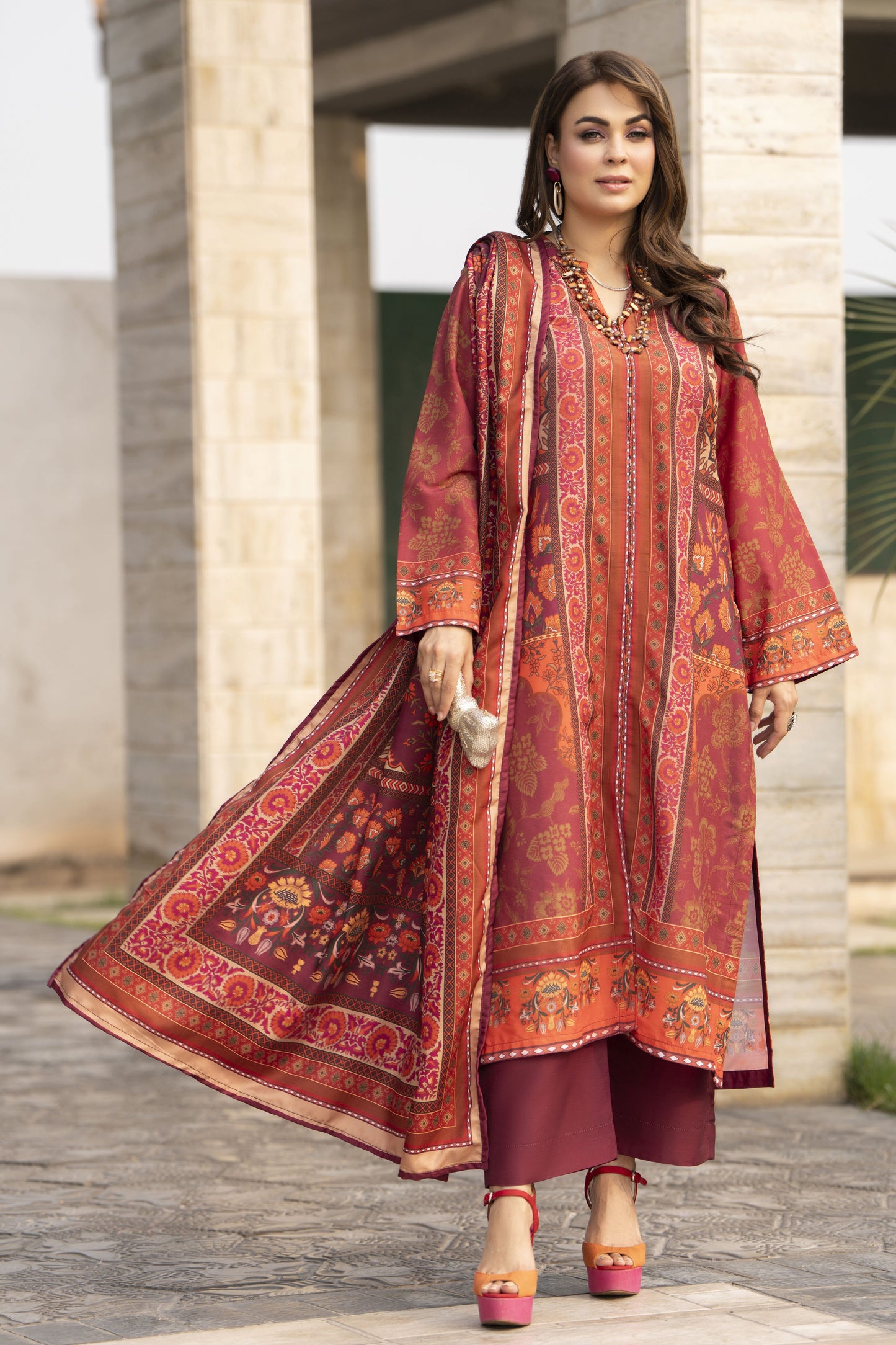 NBH7 Naqsh by Hemline Poly Grip 3PC A-Line Suit with Herringbone Dupatta