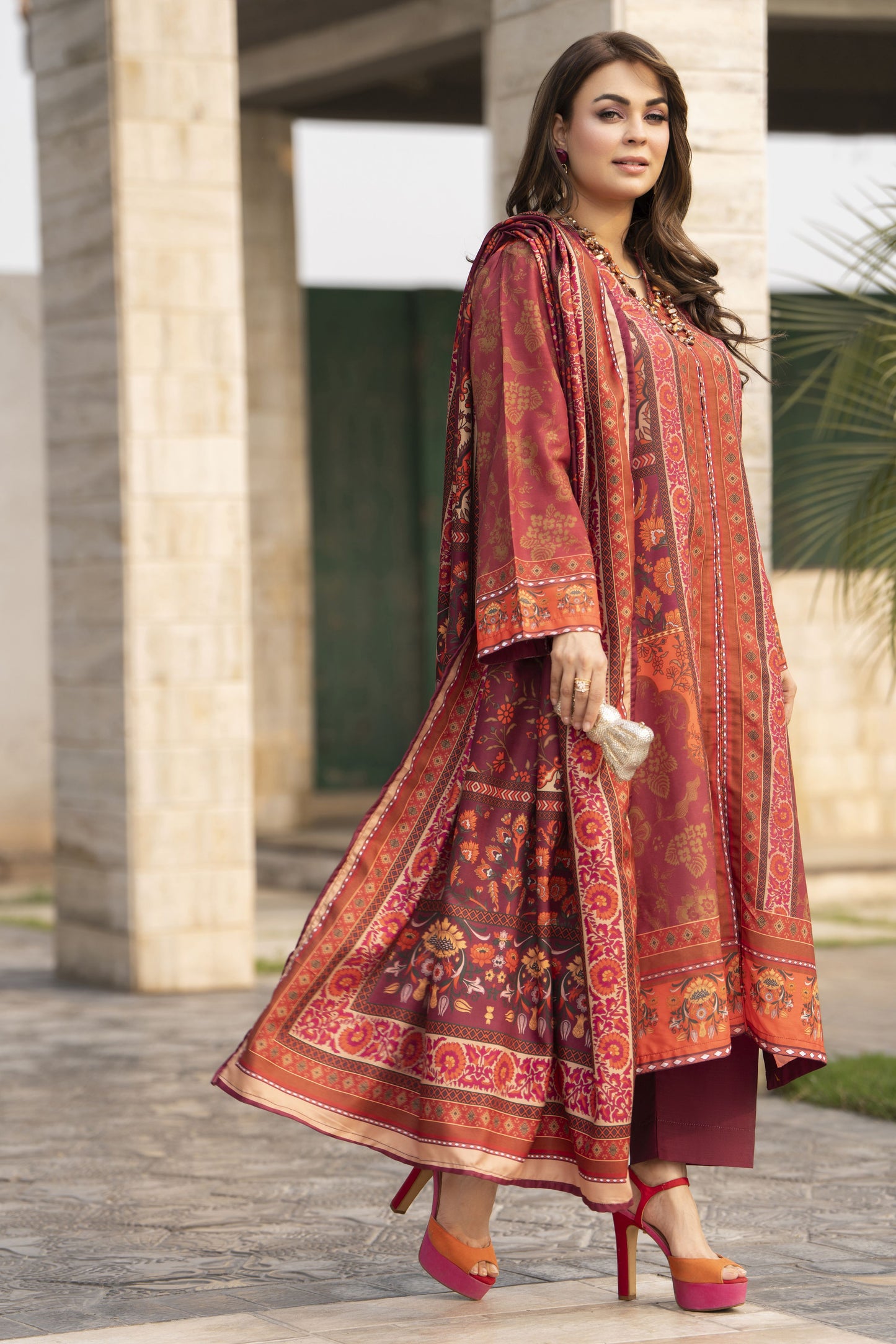 NBH7 Naqsh by Hemline Poly Grip 3PC A-Line Suit with Herringbone Dupatta