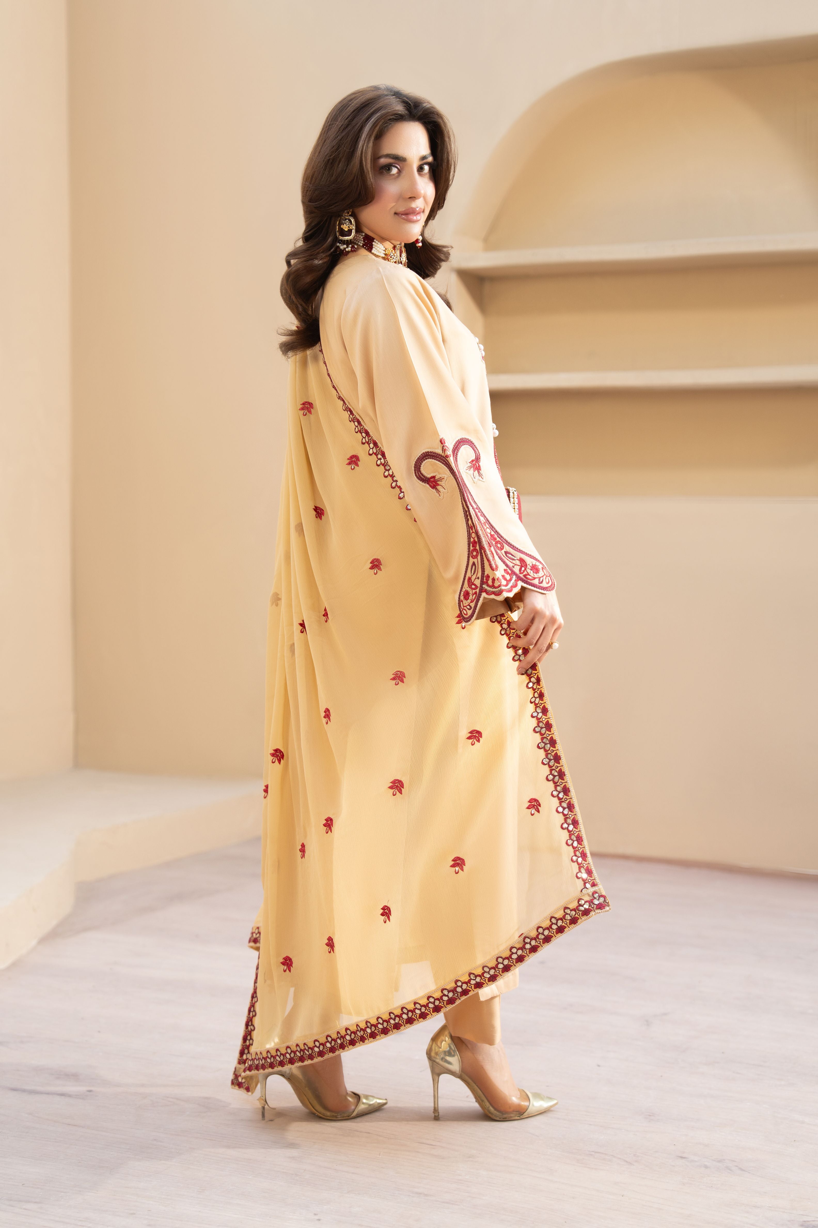 ZZ7 Zimal Zephira Beige & Crimson Embroidered 3pc Viscose Suit