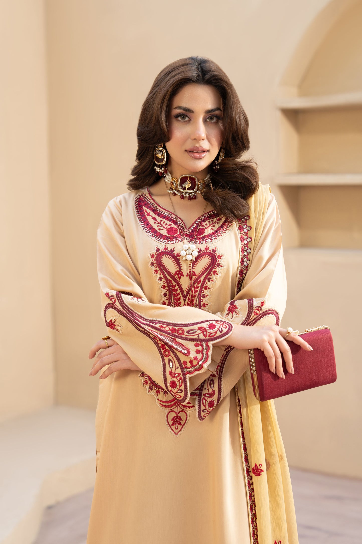ZZ7 Zimal Zephira Beige & Crimson Embroidered 3pc Viscose Suit