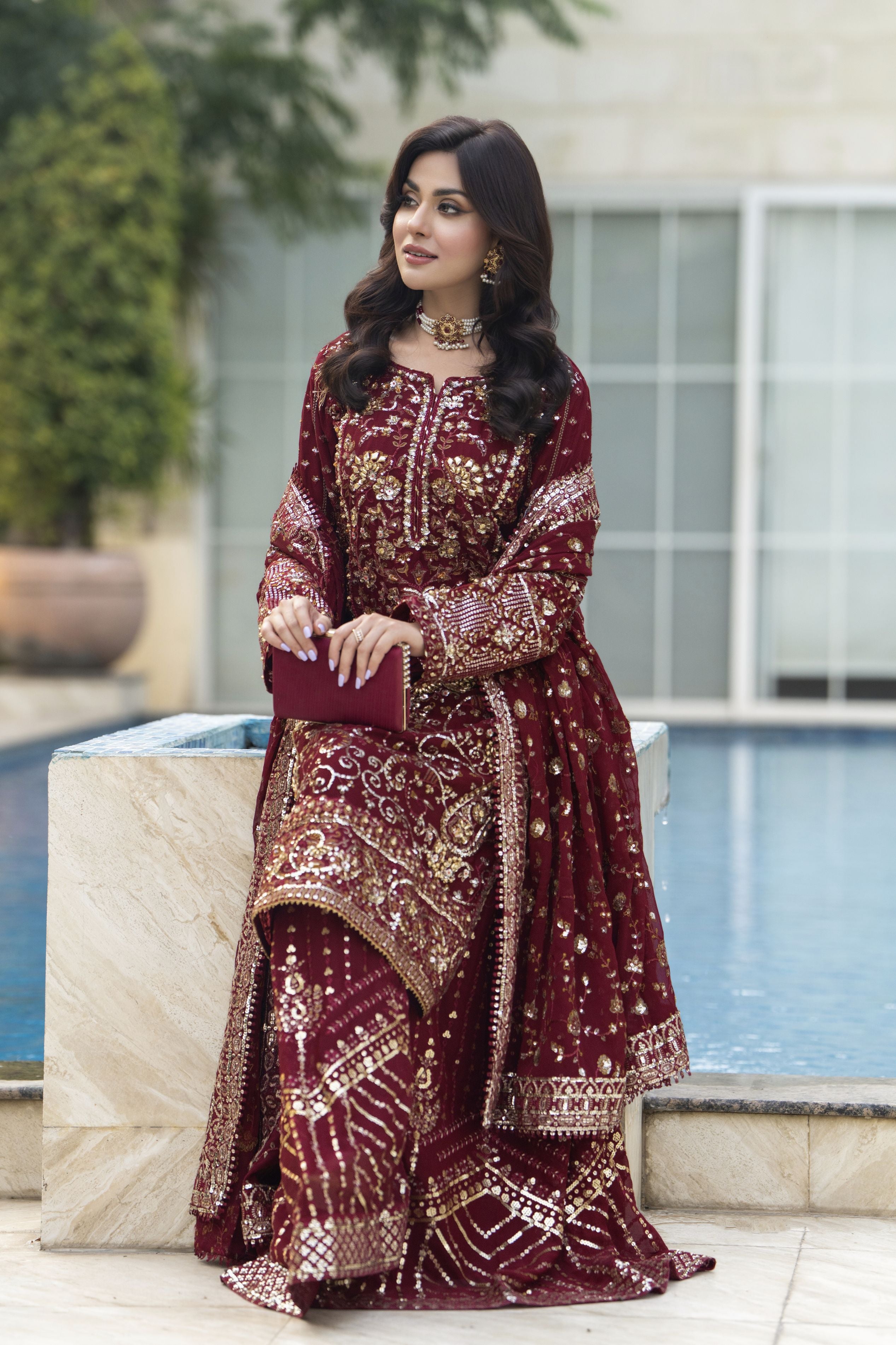 Raabtaa – A Silver Affair | Maroon Chiffon Handworked Formal Sharara womenswear Set SRS08