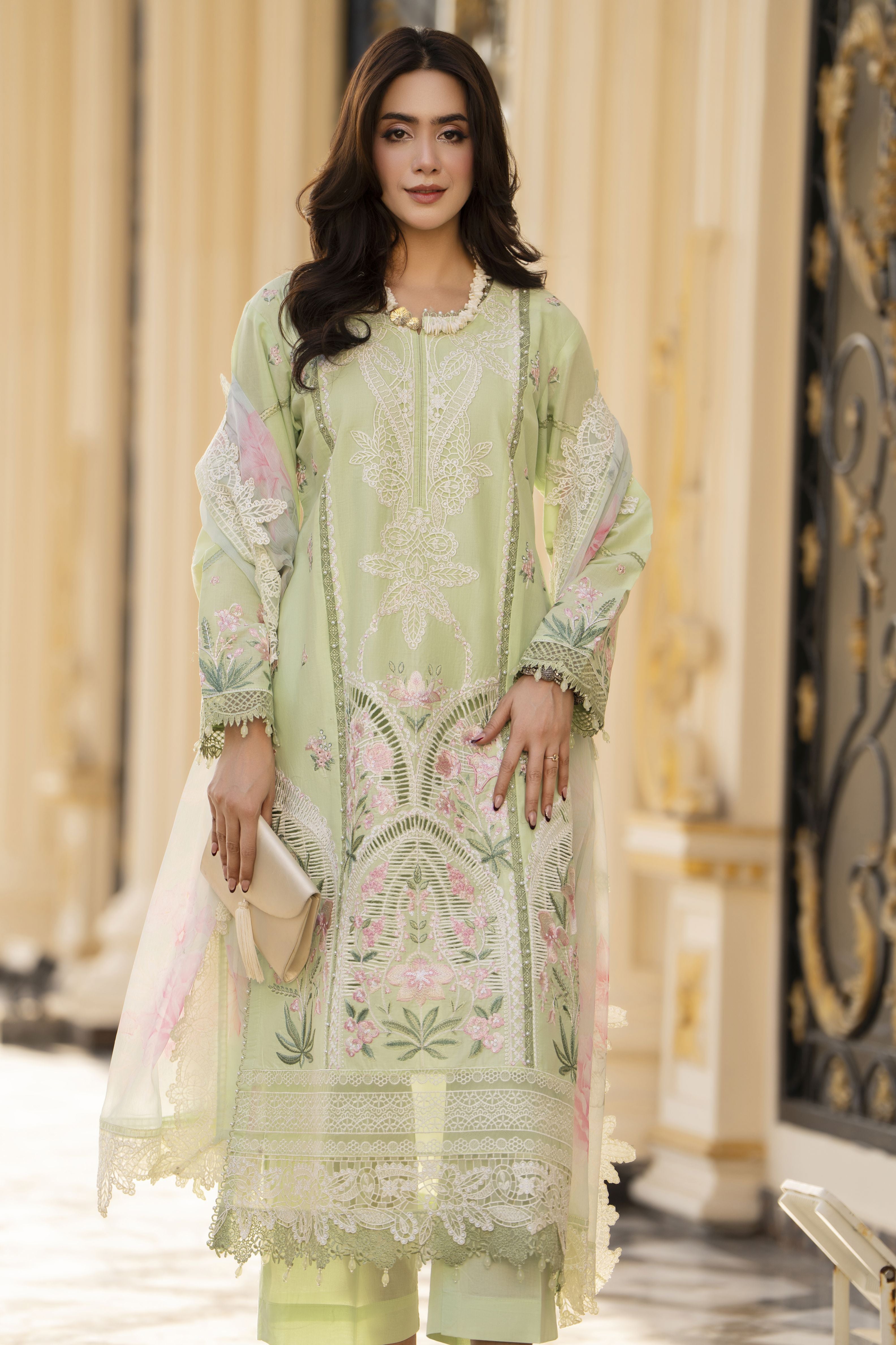 Arwah Aureen AA13 3pc Embroidered Cotton Long Suit with Printed Chiffon Dupatta