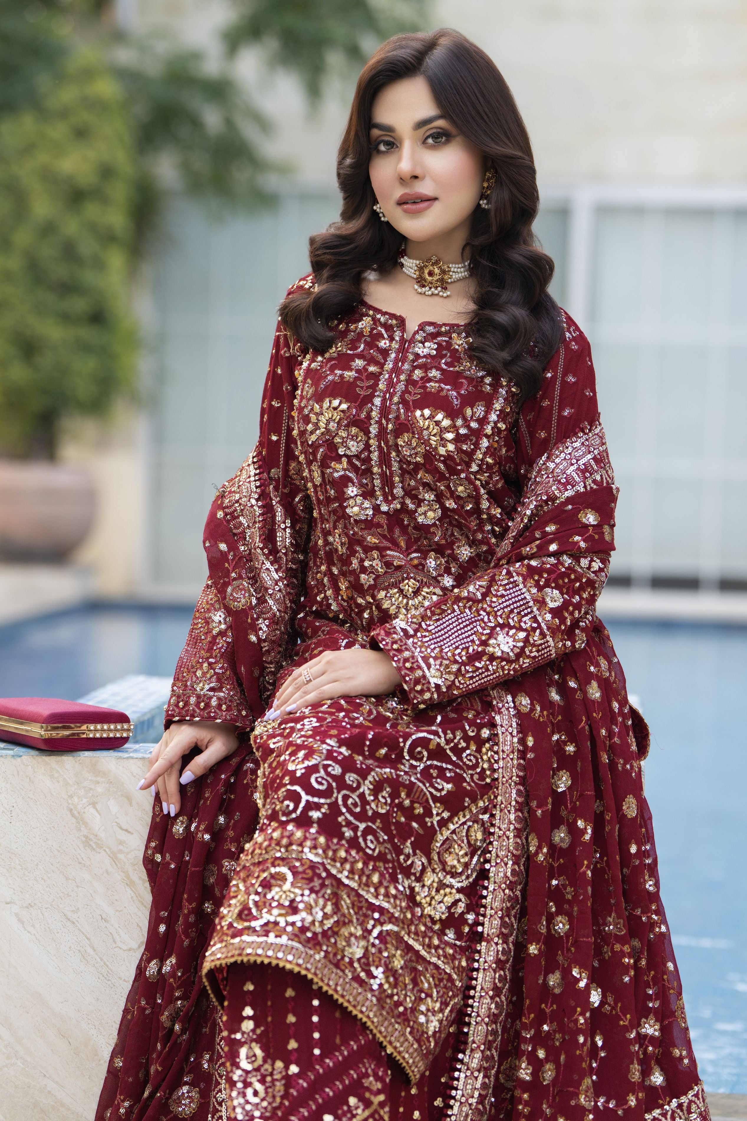 Raabtaa – A Silver Affair | Maroon Chiffon Handworked Formal Sharara womenswear Set SRS08