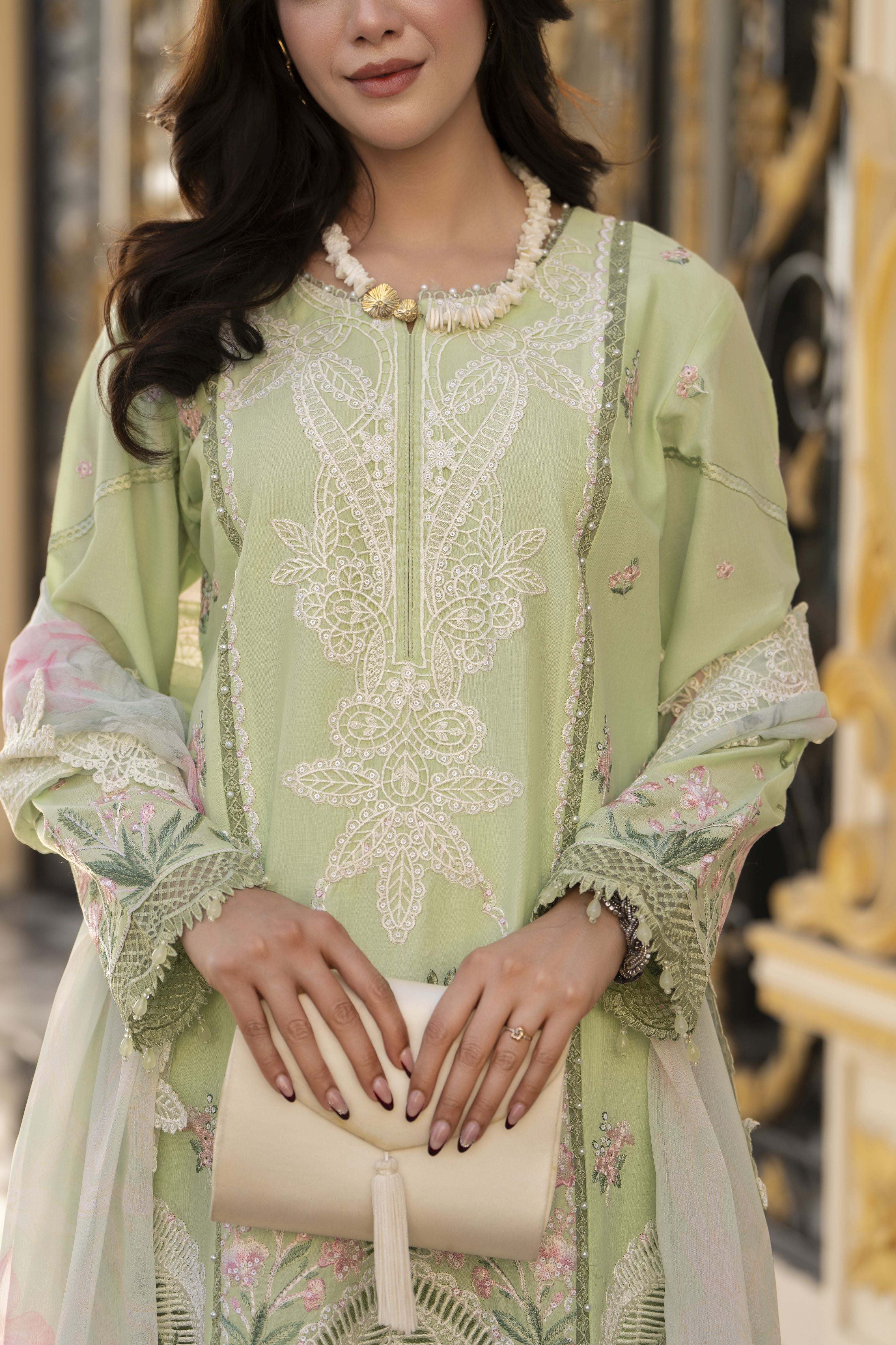 Arwah Aureen AA13 3pc Embroidered Cotton Long Suit with Printed Chiffon Dupatta