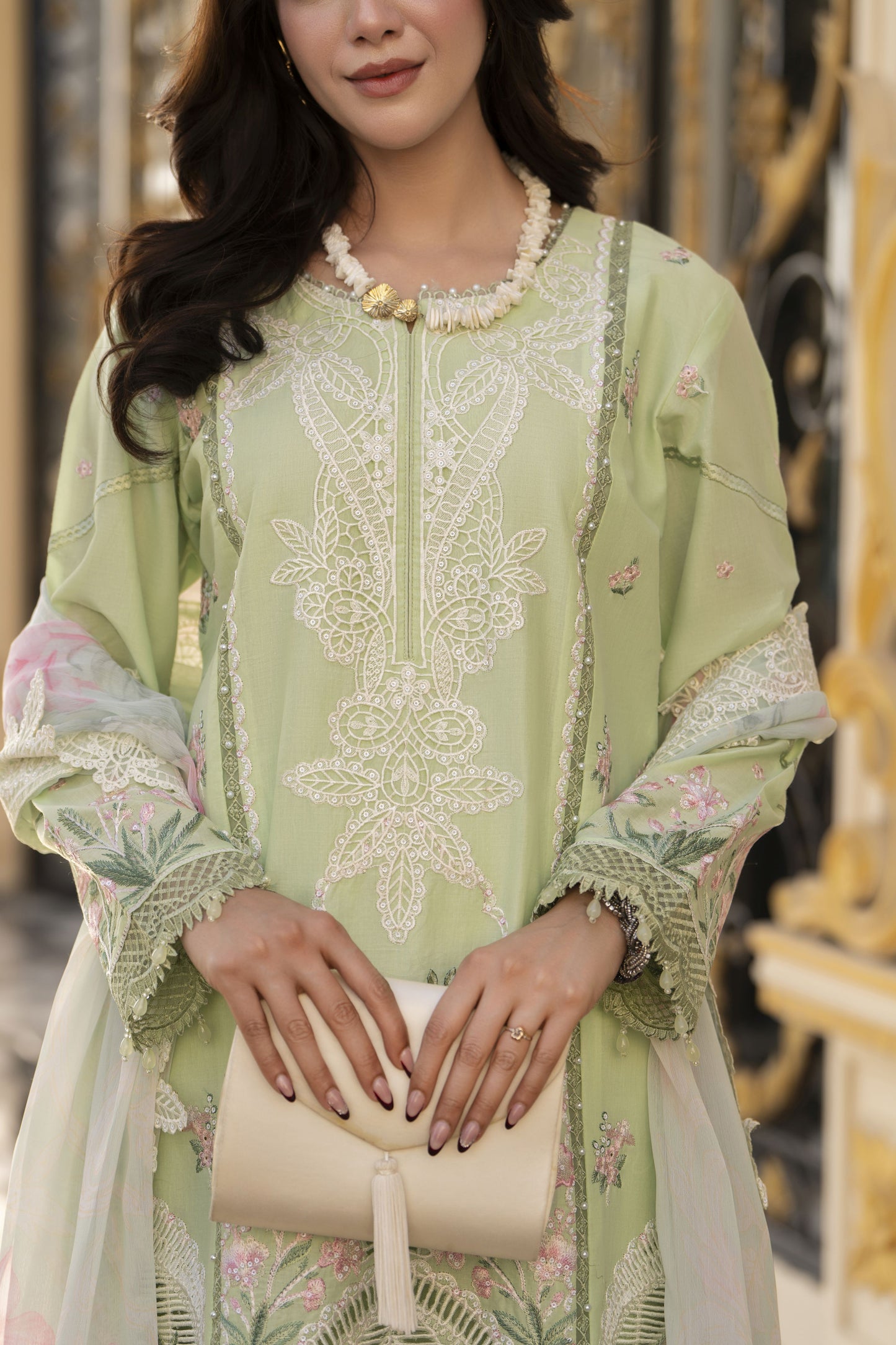 Arwah Aureen AA13 3pc Embroidered Cotton Long Suit with Printed Chiffon Dupatta