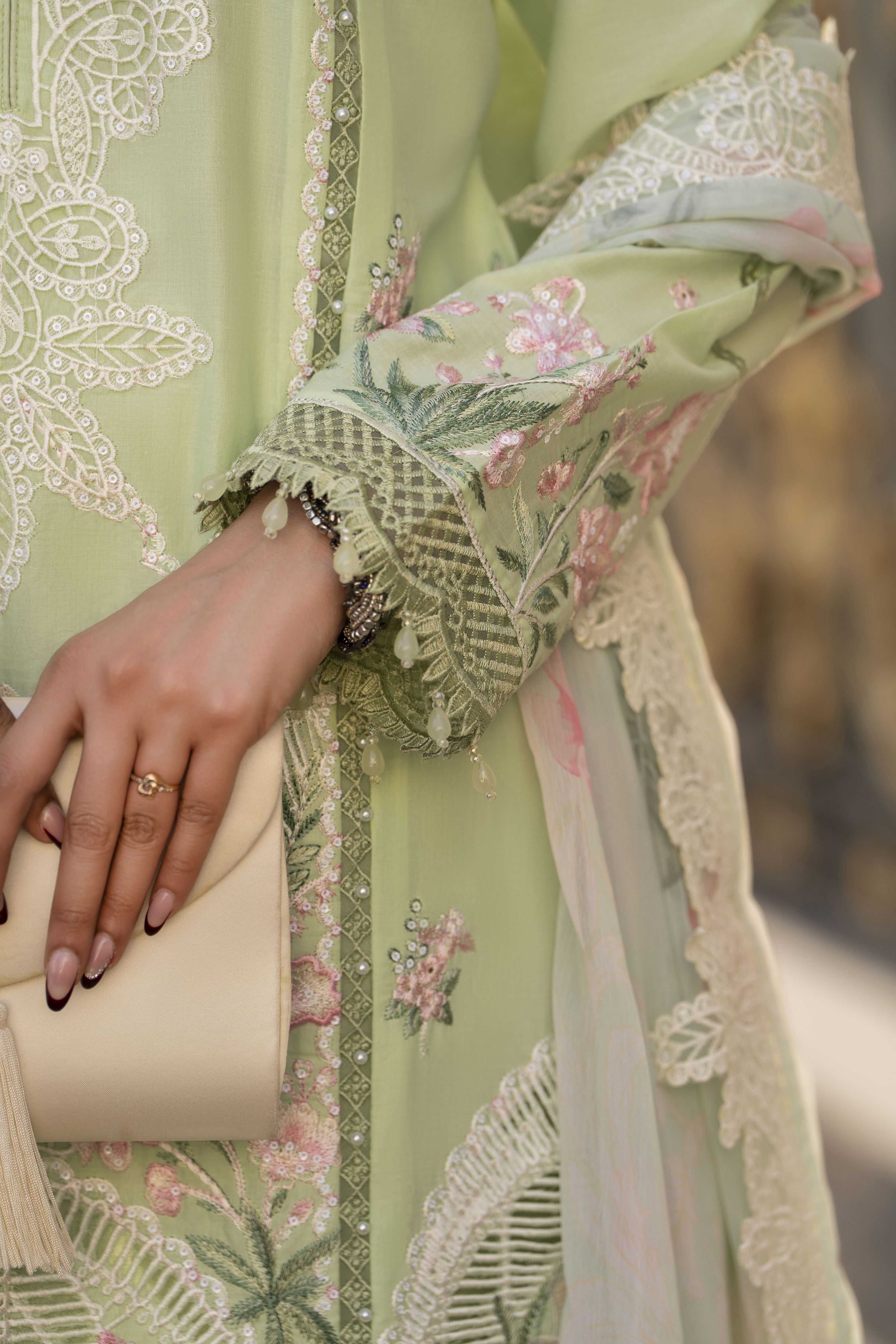 Arwah Aureen AA13 3pc Embroidered Cotton Long Suit with Printed Chiffon Dupatta