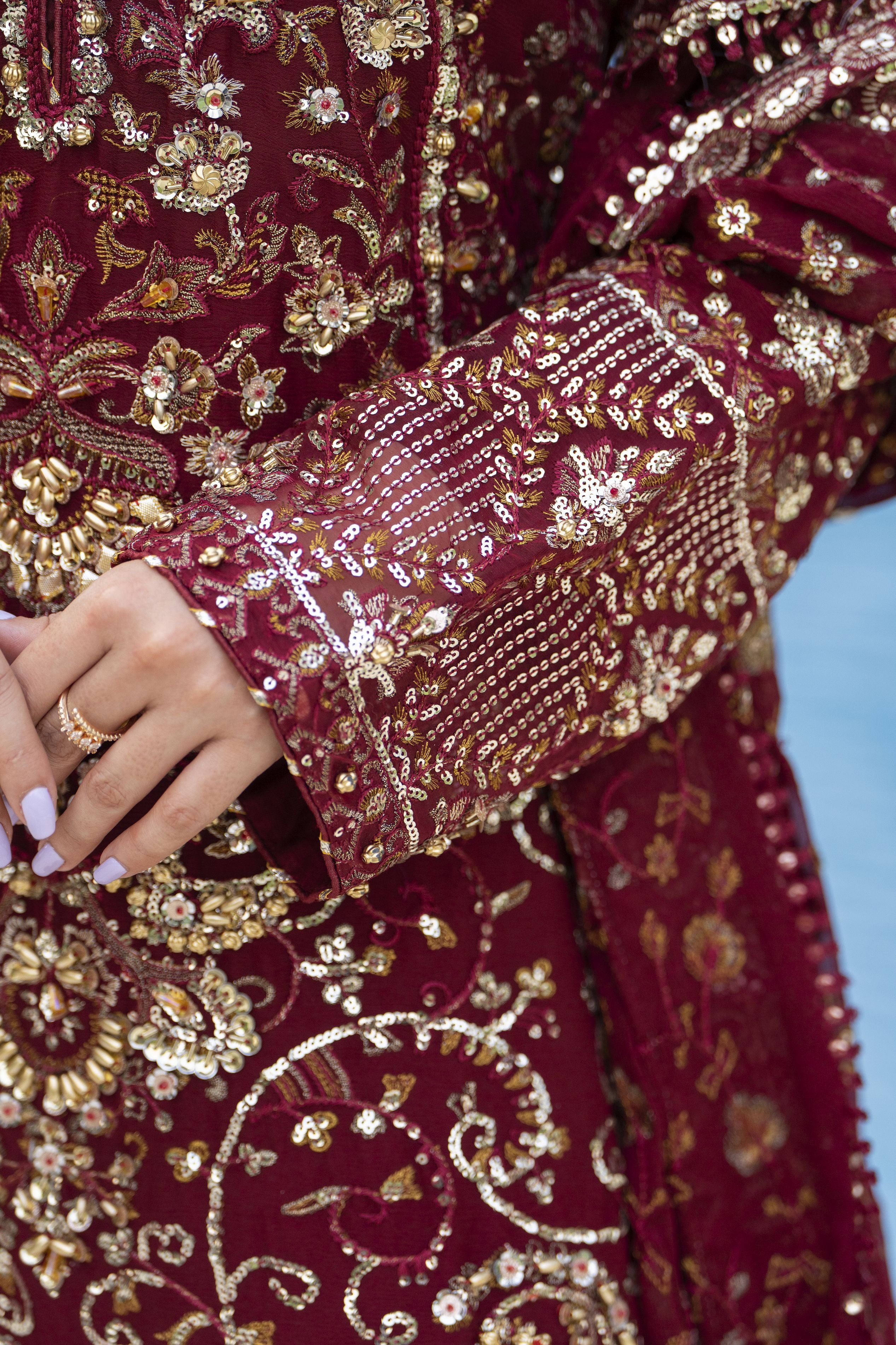 Raabtaa – A Silver Affair | Maroon Chiffon Handworked Formal Sharara womenswear Set SRS08