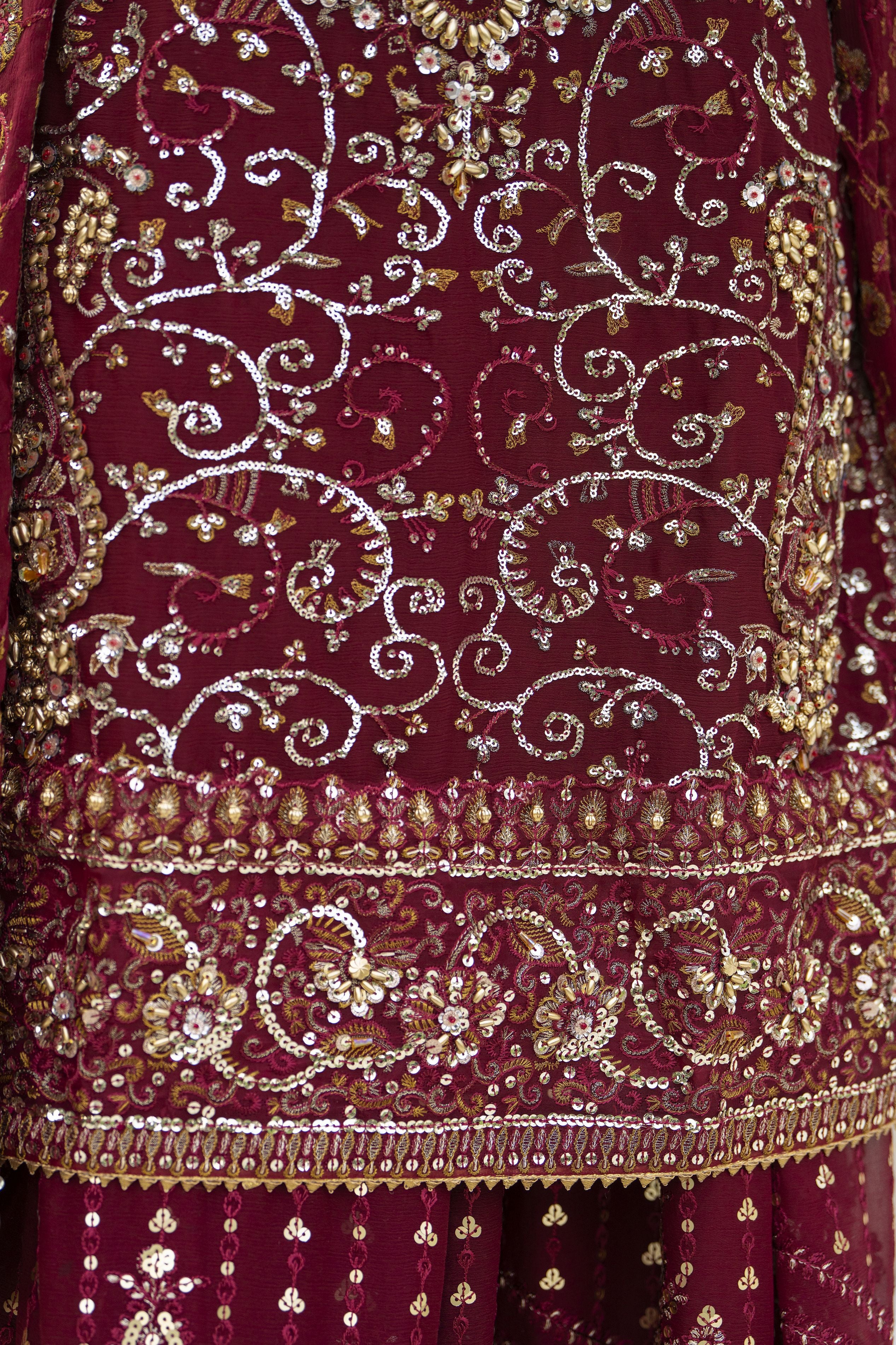 Raabtaa – A Silver Affair | Maroon Chiffon Handworked Formal Sharara womenswear Set SRS08