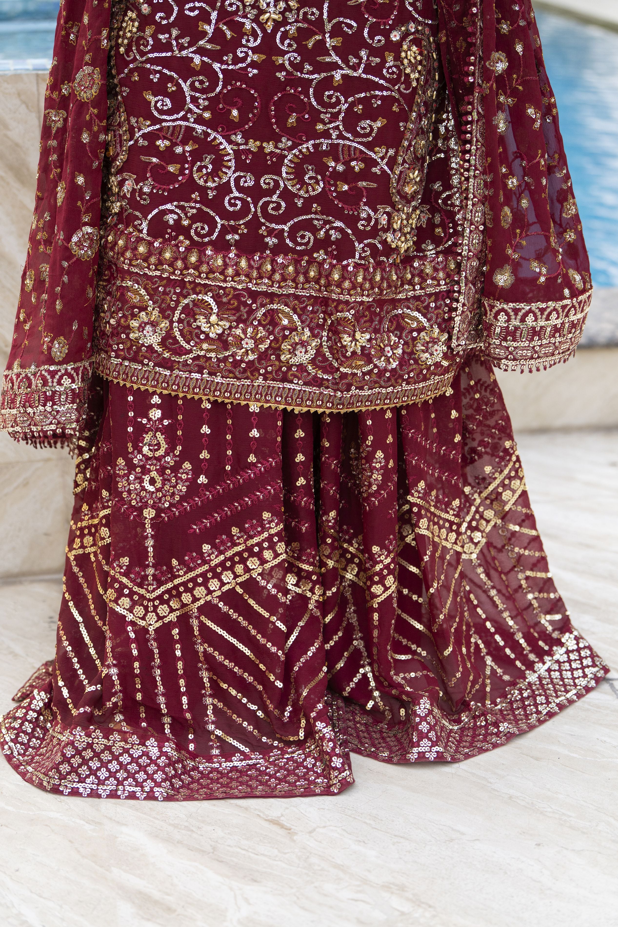 Raabtaa – A Silver Affair | Maroon Chiffon Handworked Formal Sharara womenswear Set SRS08