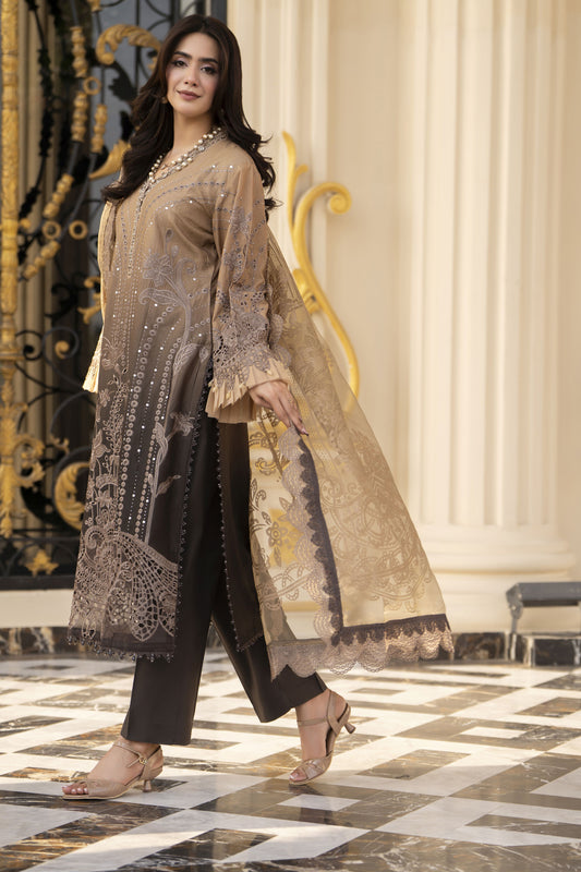 Arwah Aureen AA12 3pc Embroidered Cotton Long Suit with Organza Dupatta