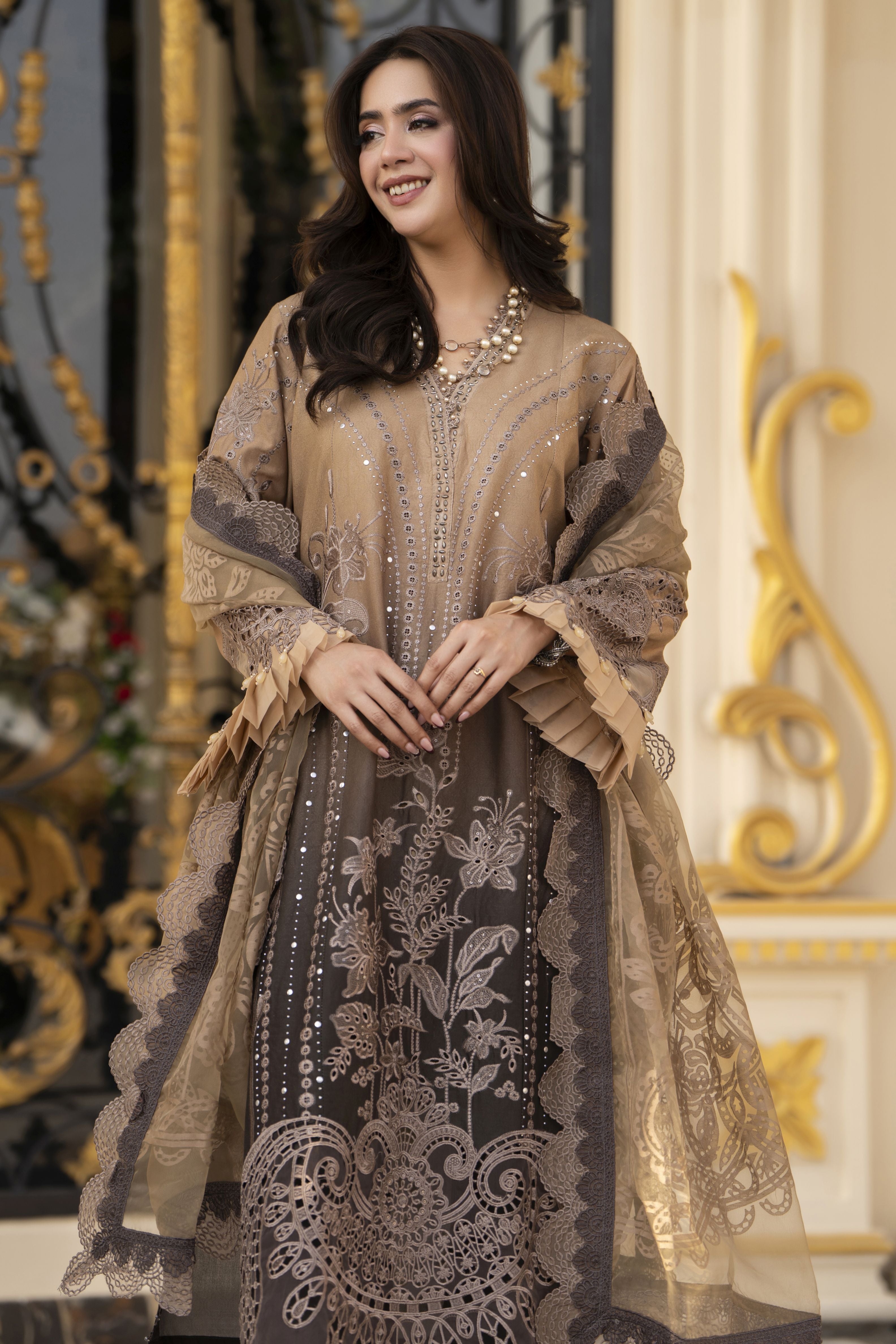 Arwah Aureen AA12 3pc Embroidered Cotton Long Suit with Organza Dupatta
