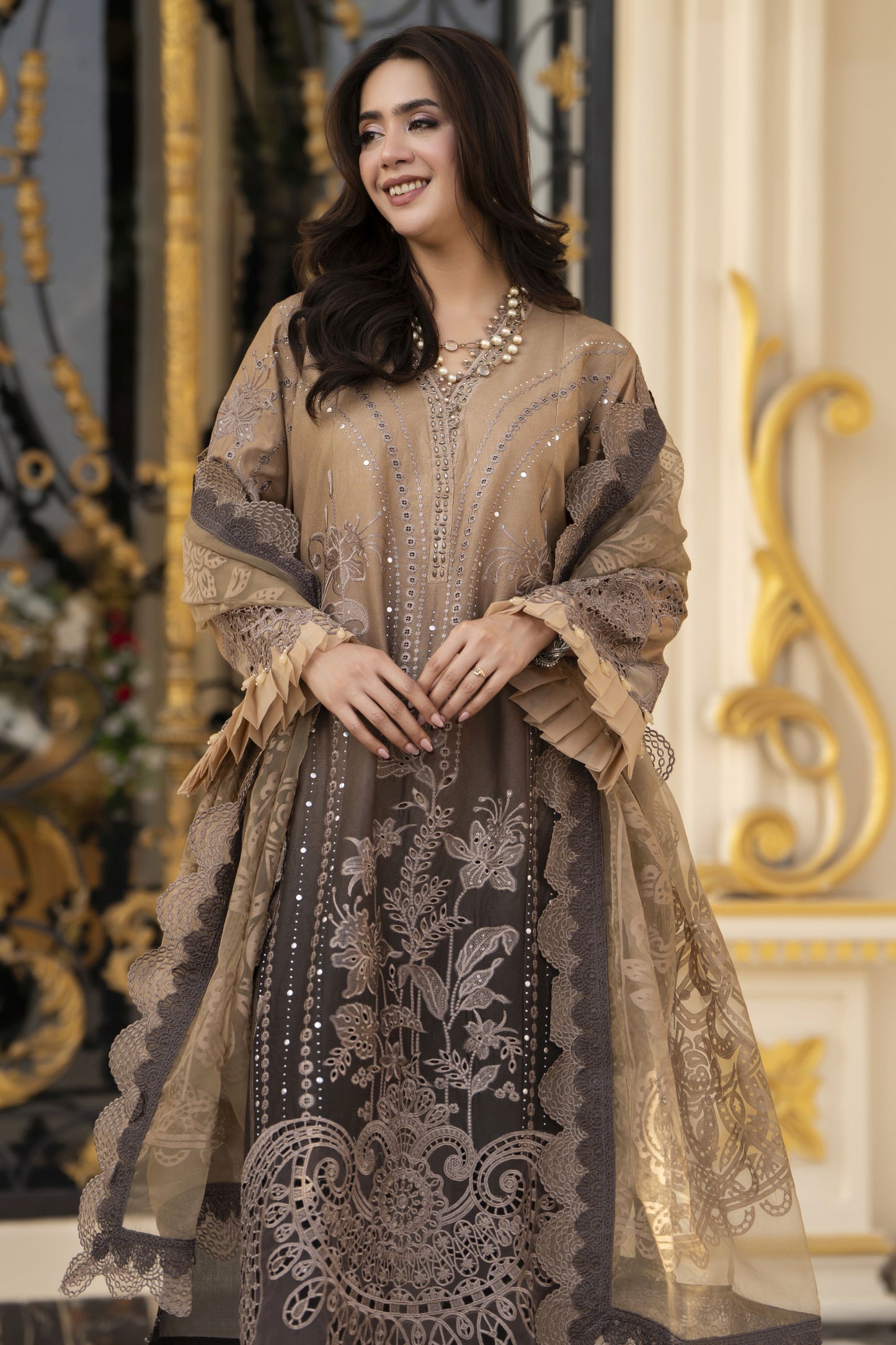 Arwah Aureen AA12 3pc Embroidered Cotton Long Suit with Organza Dupatta