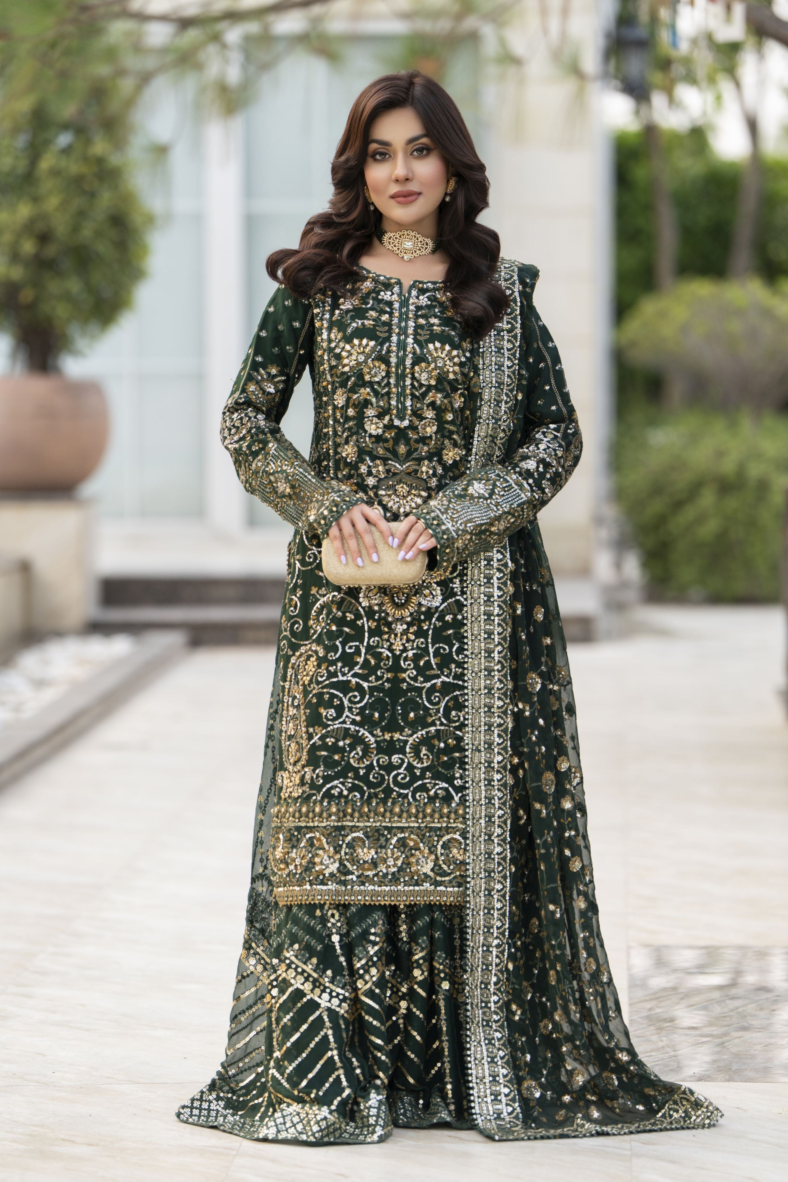 Raabtaa – A Silver Affair | Bottle Green Chiffon Handworked Formal Sharara Womenswear Set SRS09