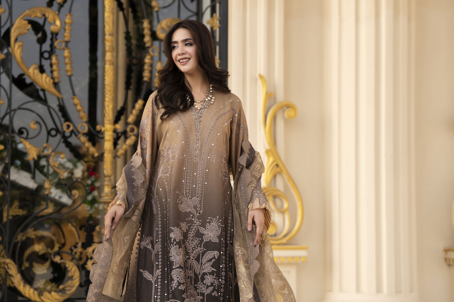 Arwah Aureen AA12 3pc Embroidered Cotton Long Suit with Organza Dupatta