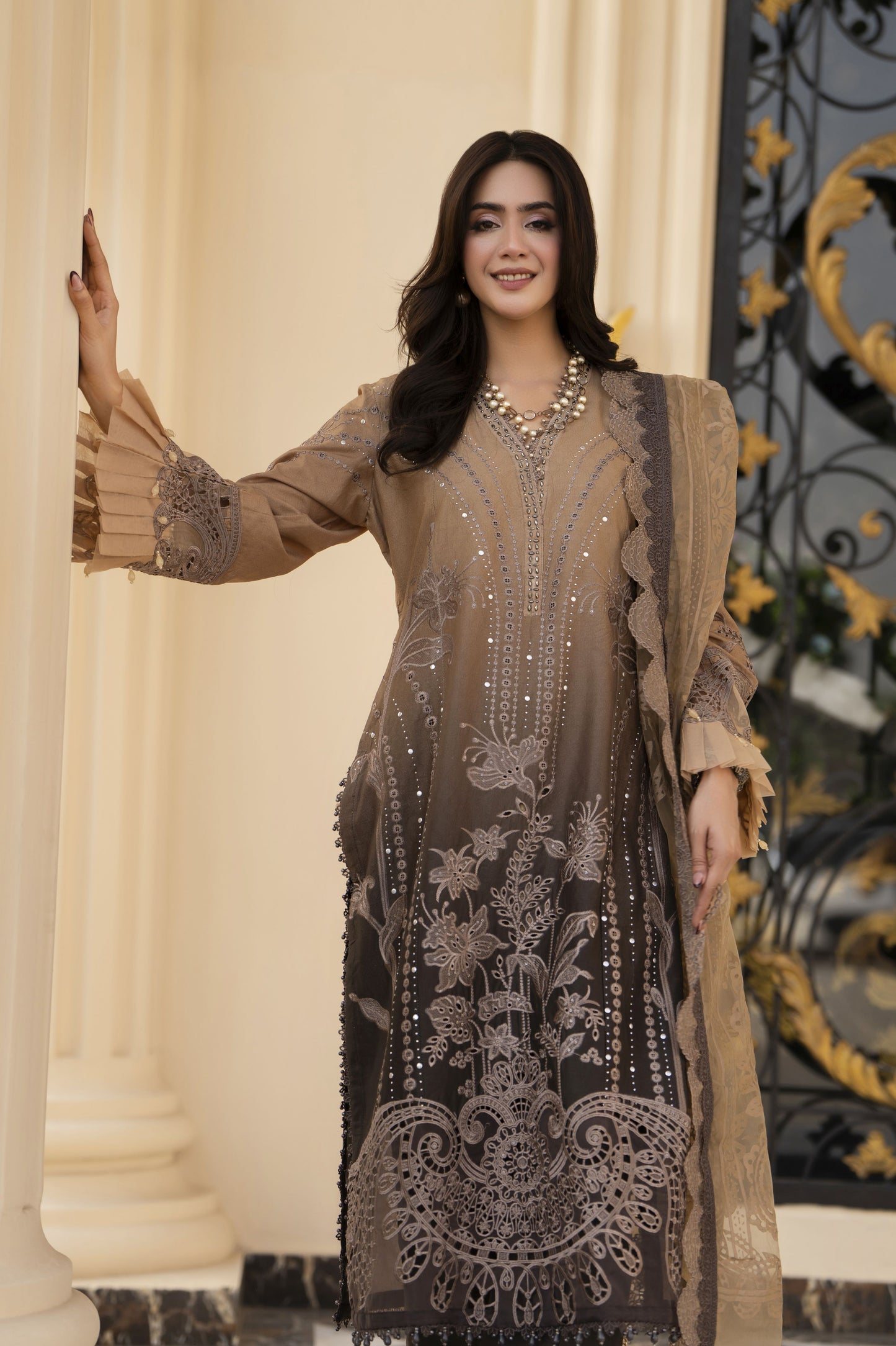 Arwah Aureen AA12 3pc Embroidered Cotton Long Suit with Organza Dupatta