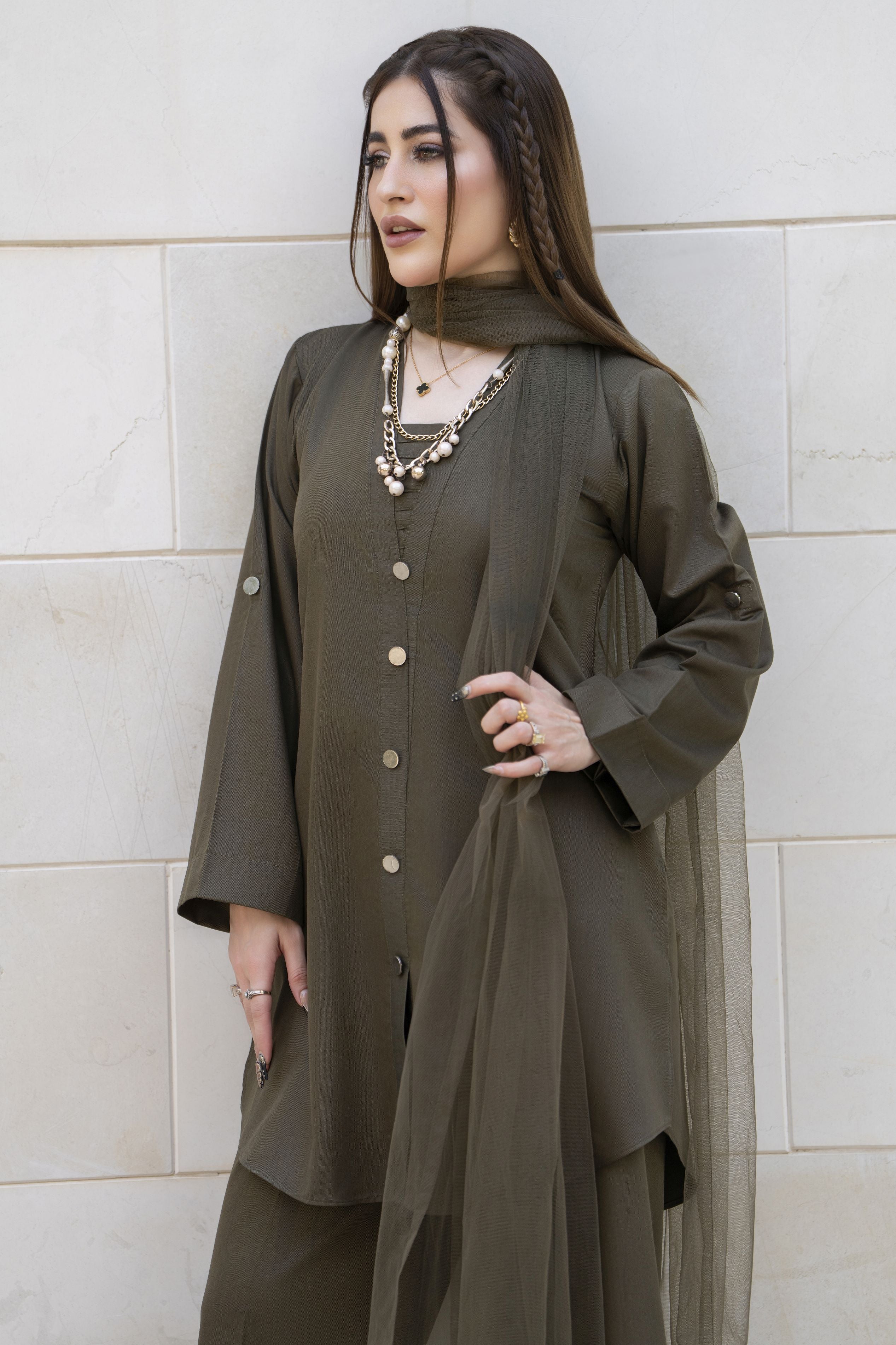 Aabpara Simply Warm Winter Linen 3pc Ready to Wear with Dyed Net Dupatta SWA8