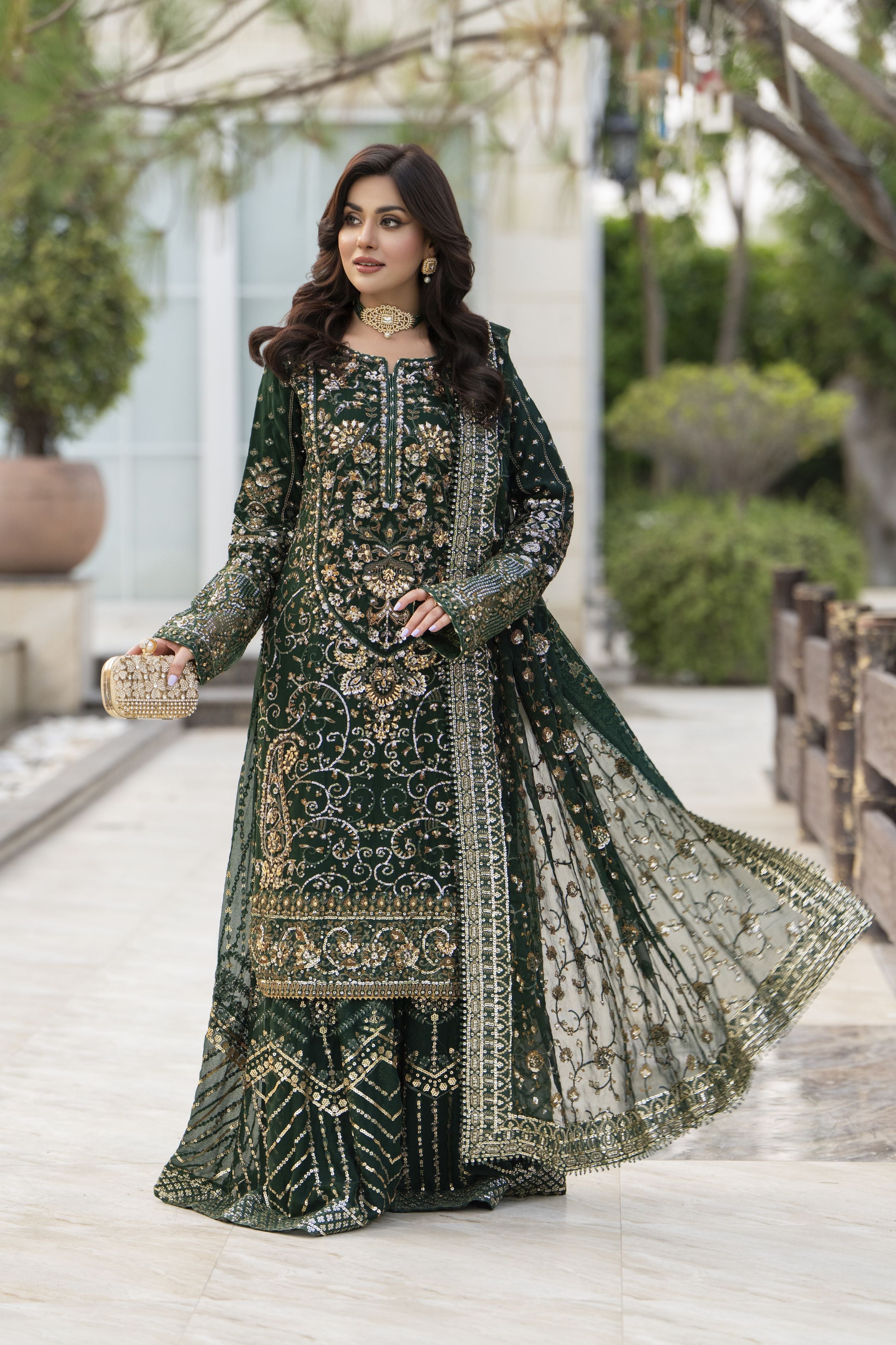 Raabtaa – A Silver Affair | Bottle Green Chiffon Handworked Formal Sharara Womenswear Set SRS09
