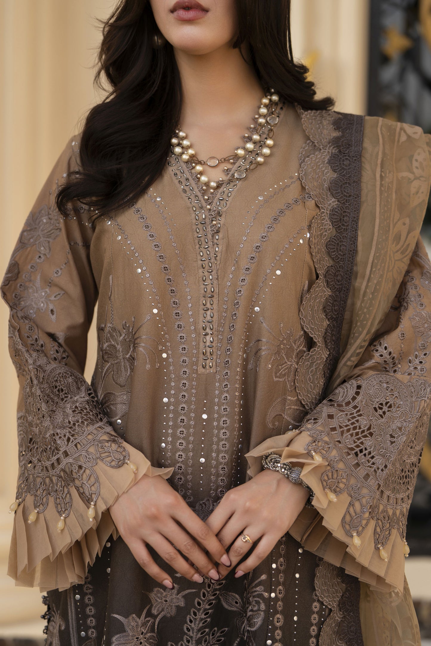 Arwah Aureen AA12 3pc Embroidered Cotton Long Suit with Organza Dupatta