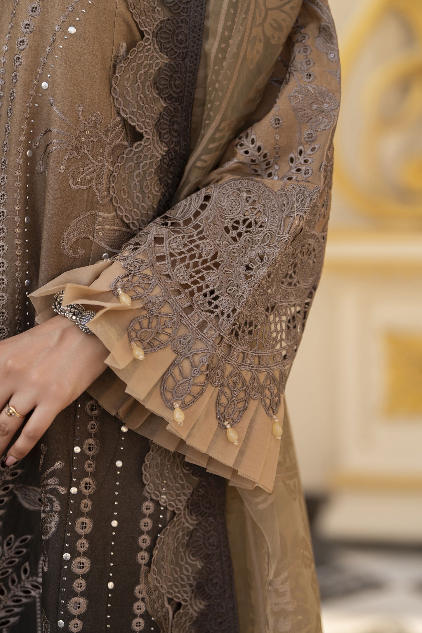 Arwah Aureen AA12 3pc Embroidered Cotton Long Suit with Organza Dupatta