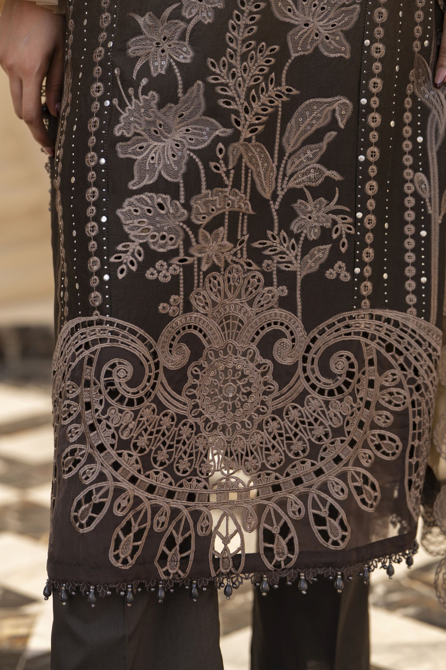 Arwah Aureen AA12 3pc Embroidered Cotton Long Suit with Organza Dupatta