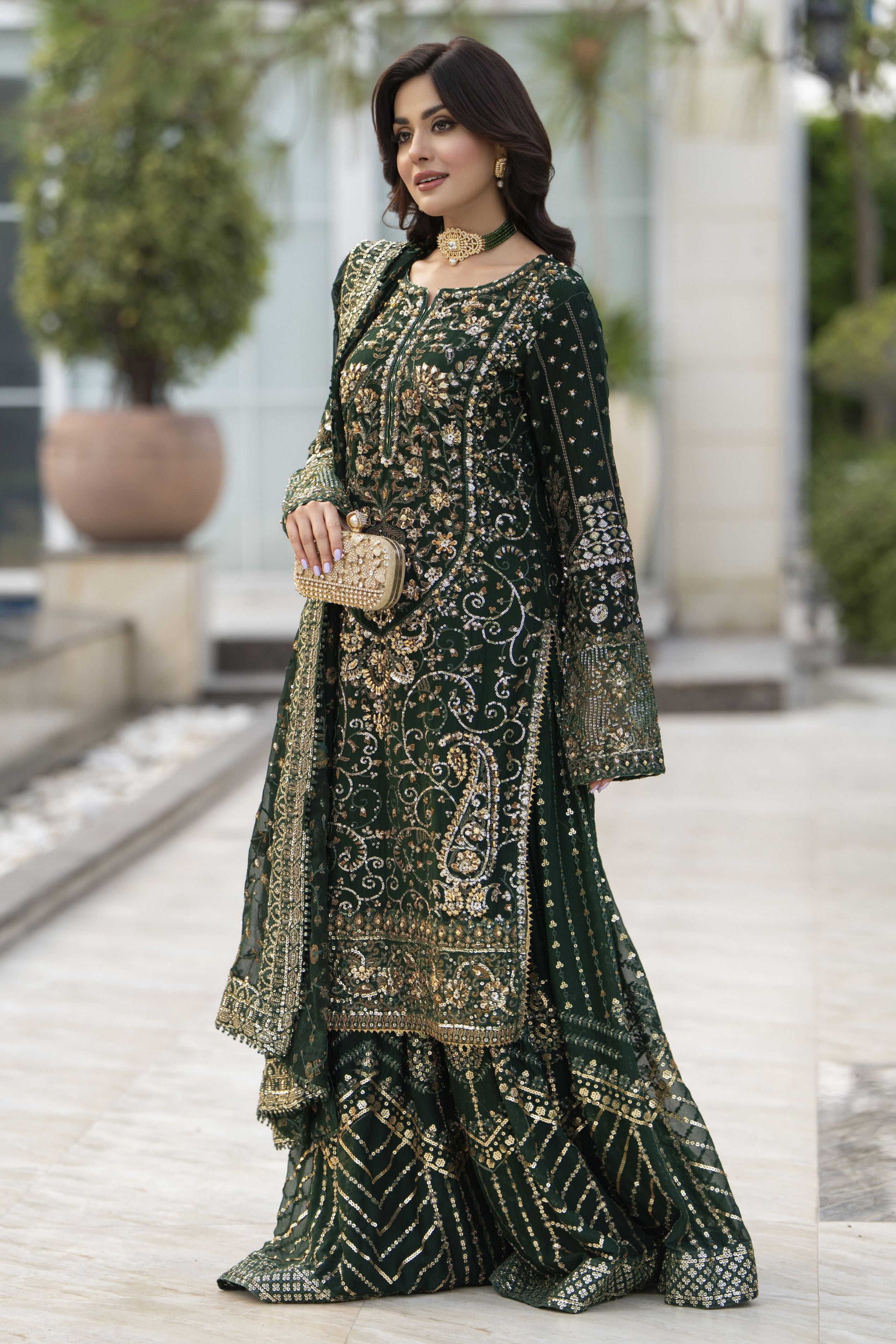 Raabtaa – A Silver Affair | Bottle Green Chiffon Handworked Formal Sharara Womenswear Set SRS09