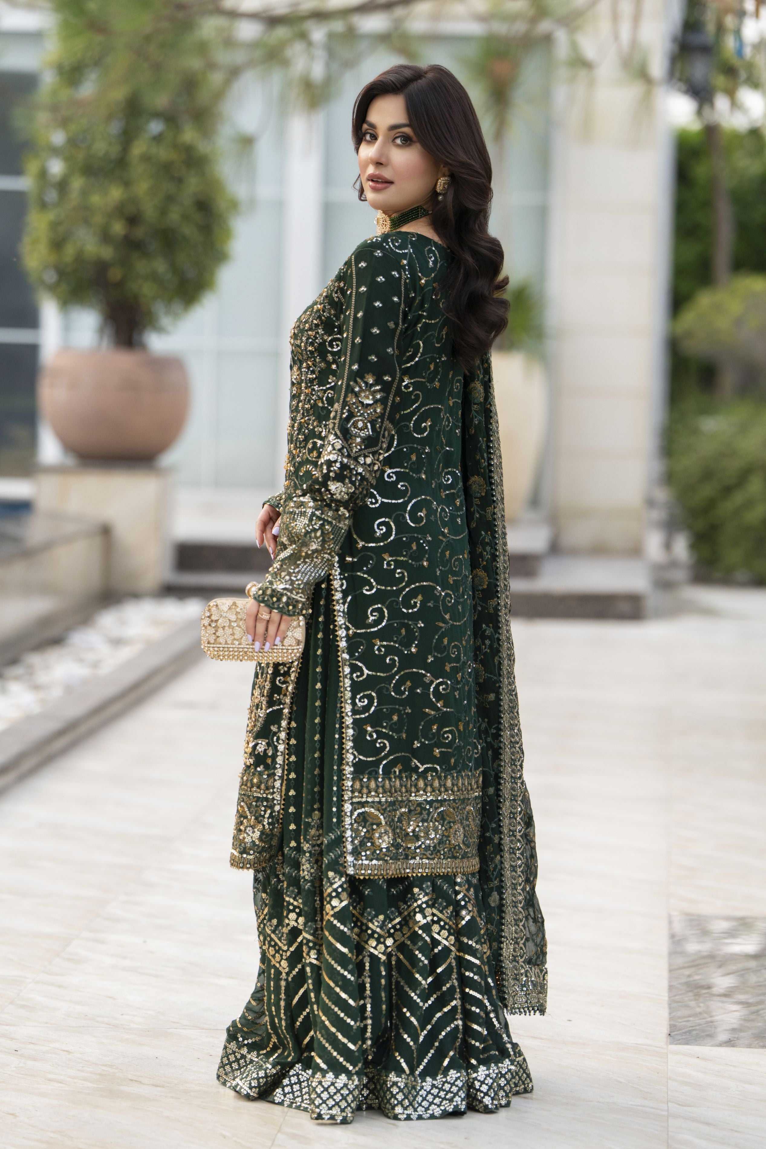 Raabtaa – A Silver Affair | Bottle Green Chiffon Handworked Formal Sharara Womenswear Set SRS09