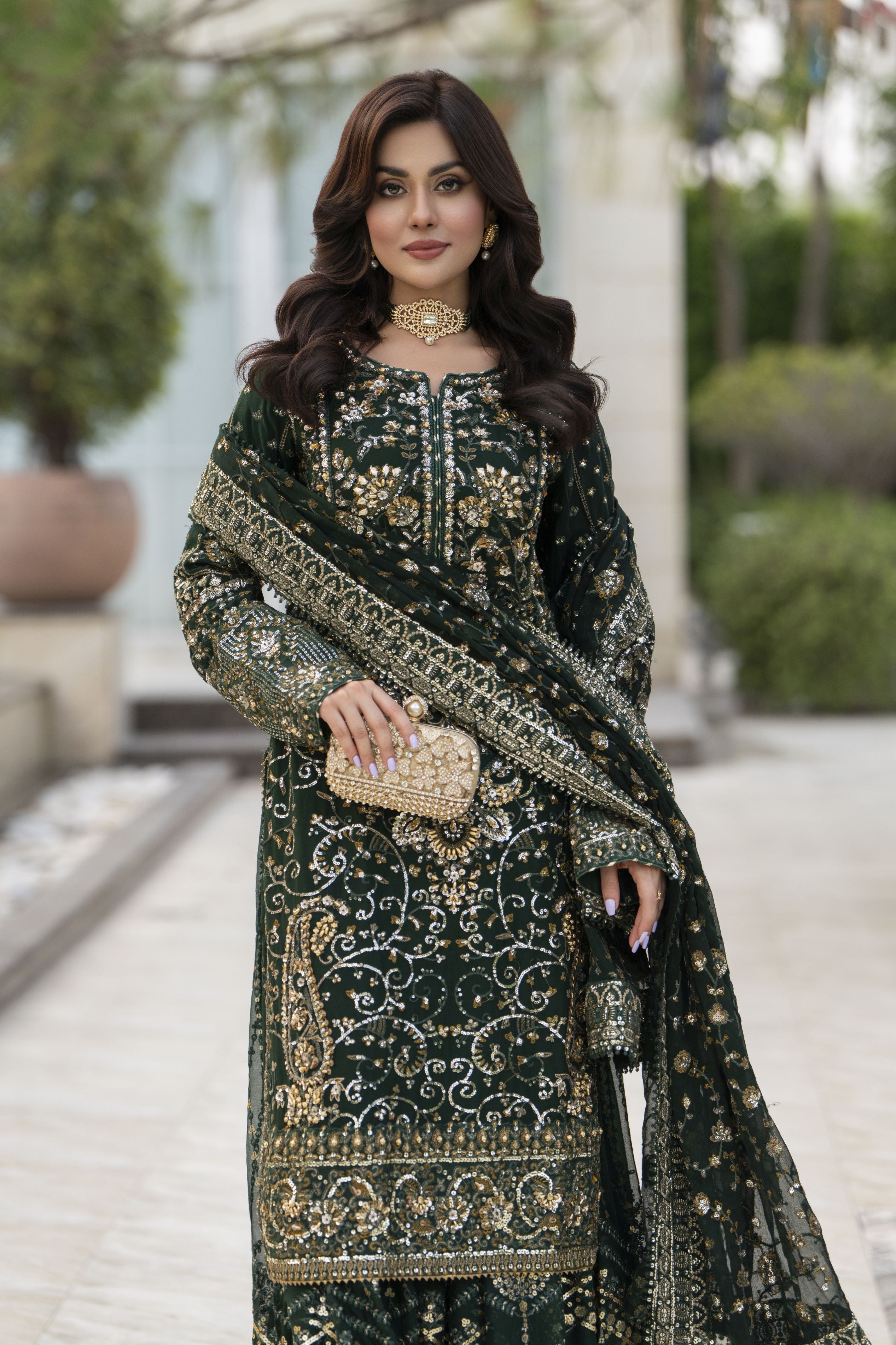 Raabtaa – A Silver Affair | Bottle Green Chiffon Handworked Formal Sharara Womenswear Set SRS09