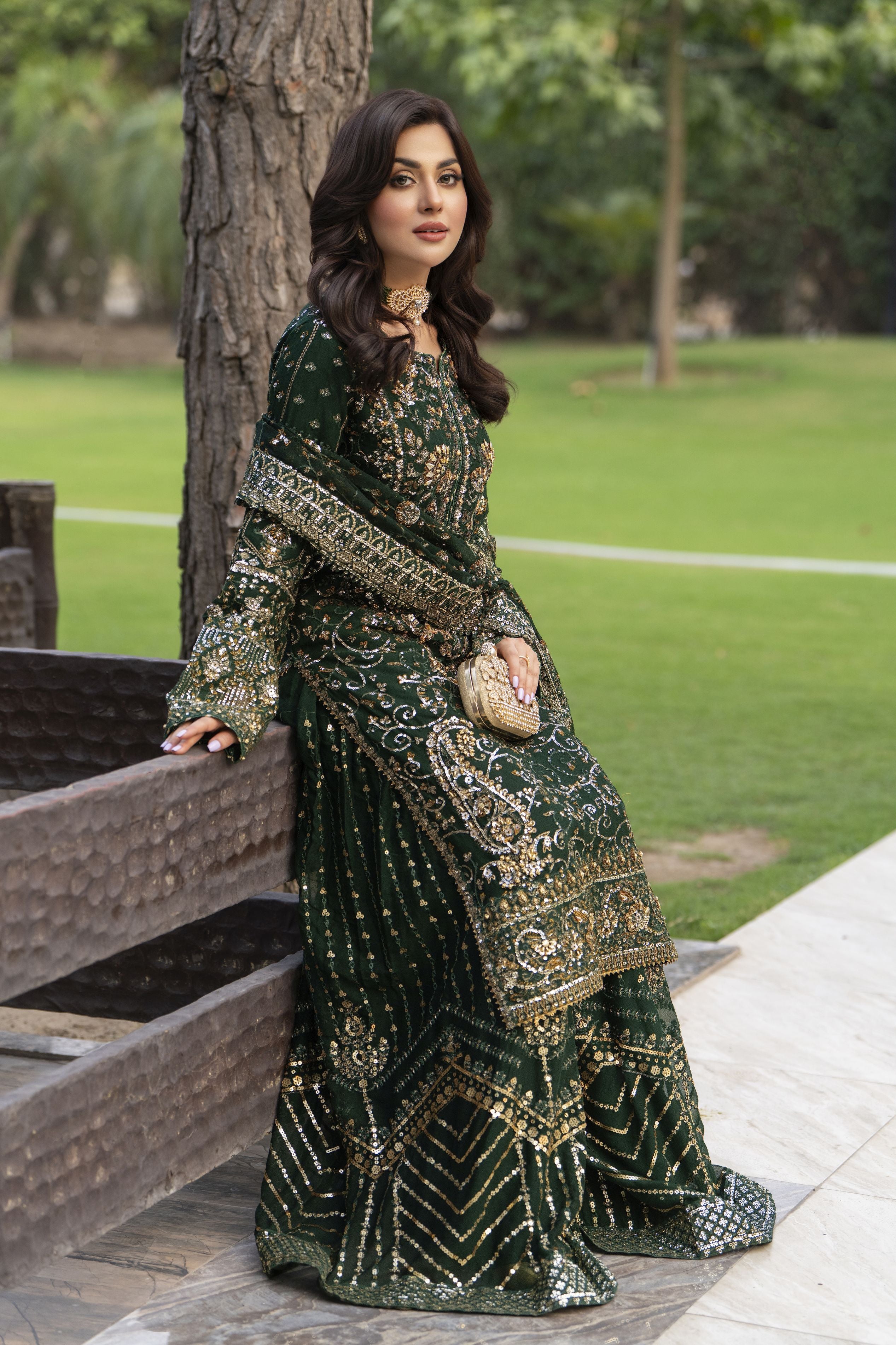 Raabtaa – A Silver Affair | Bottle Green Chiffon Handworked Formal Sharara Womenswear Set SRS09