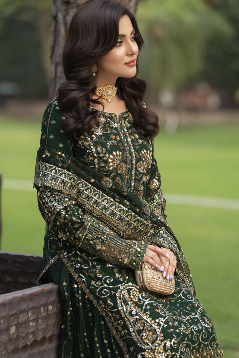 Raabtaa – A Silver Affair | Bottle Green Chiffon Handworked Formal Sharara Womenswear Set SRS09