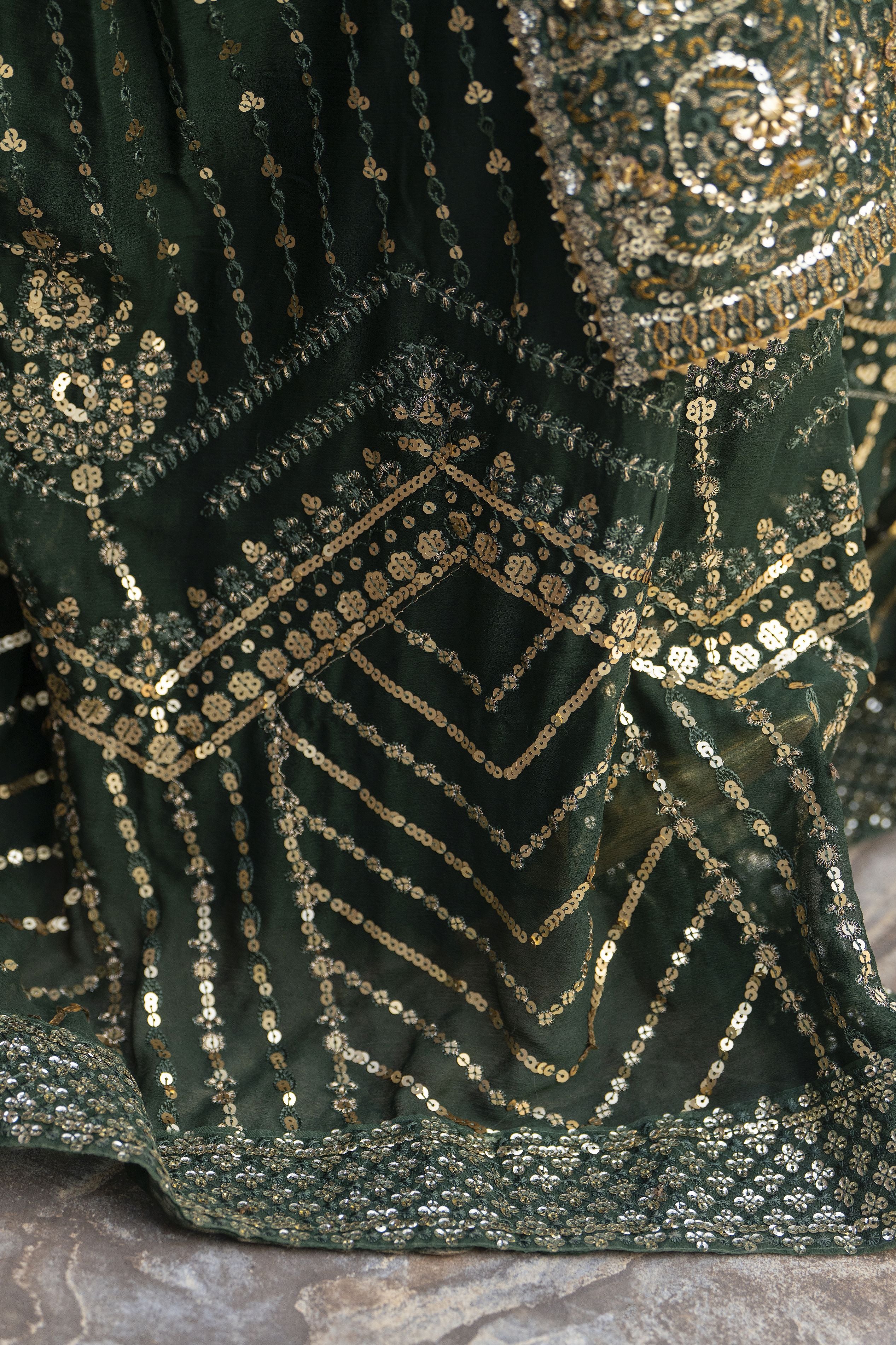 Raabtaa – A Silver Affair | Bottle Green Chiffon Handworked Formal Sharara Womenswear Set SRS09