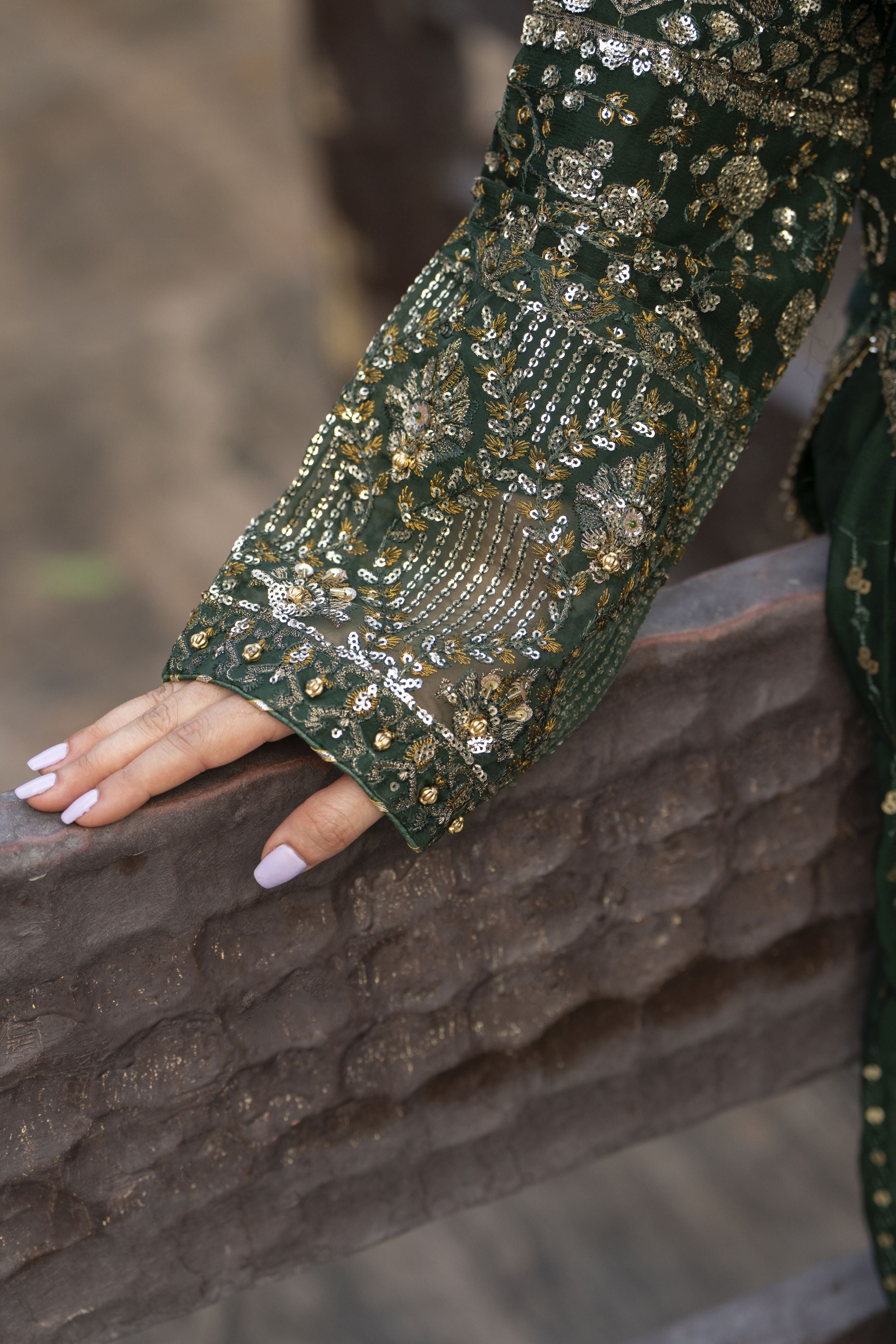 Raabtaa – A Silver Affair | Bottle Green Chiffon Handworked Formal Sharara Womenswear Set SRS09