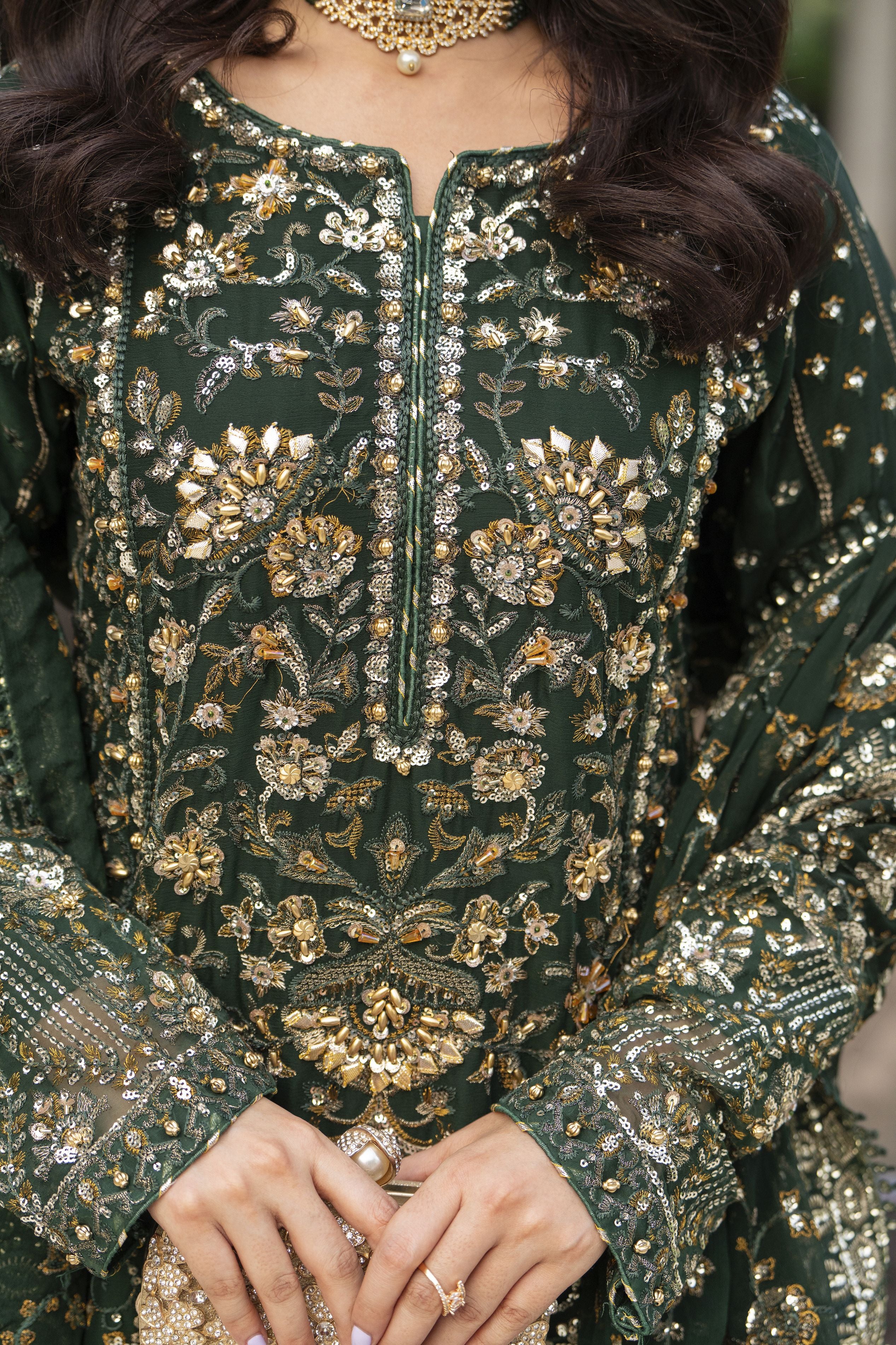 Raabtaa – A Silver Affair | Bottle Green Chiffon Handworked Formal Sharara Womenswear Set SRS09