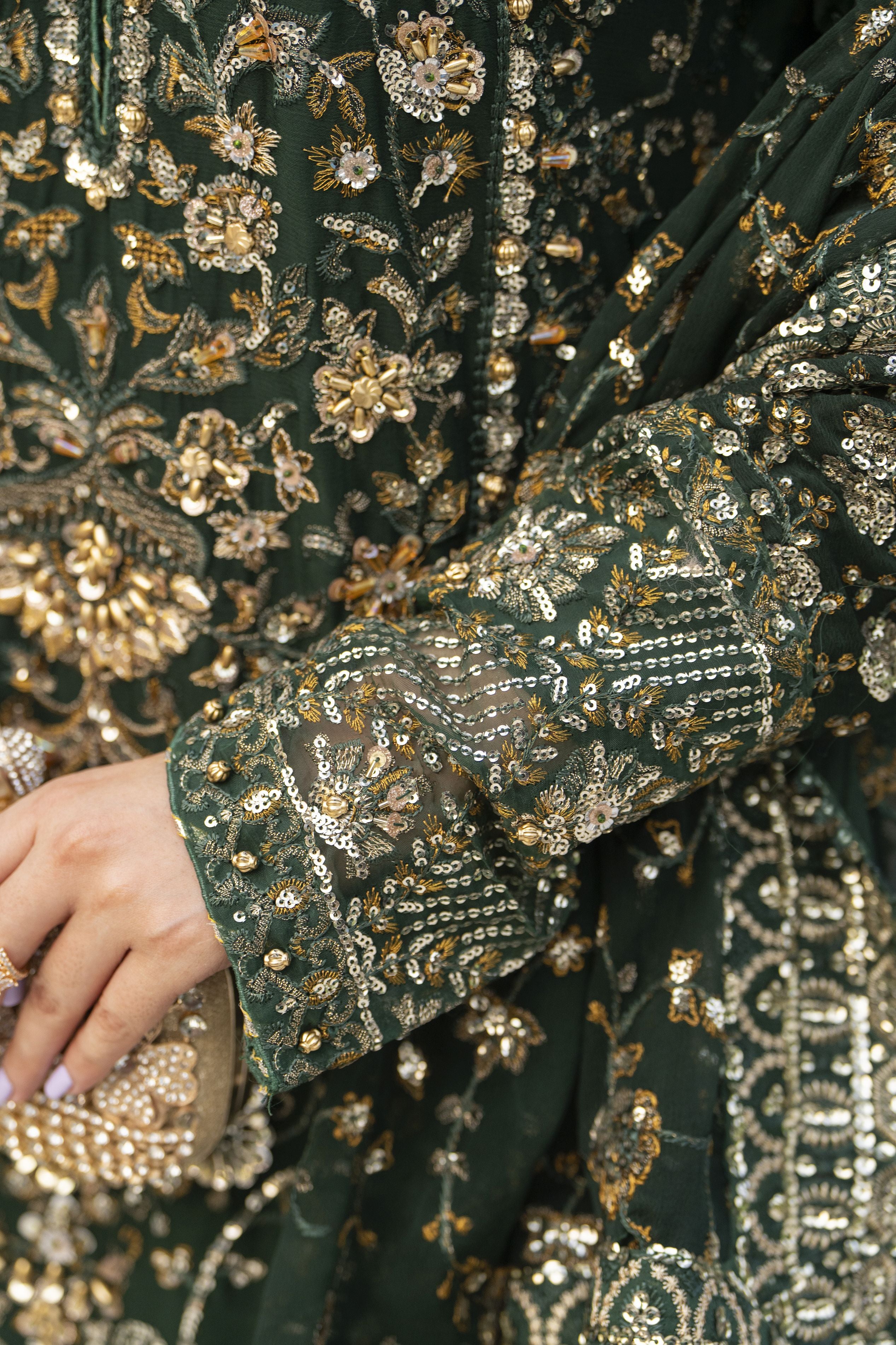 Raabtaa – A Silver Affair | Bottle Green Chiffon Handworked Formal Sharara Womenswear Set SRS09