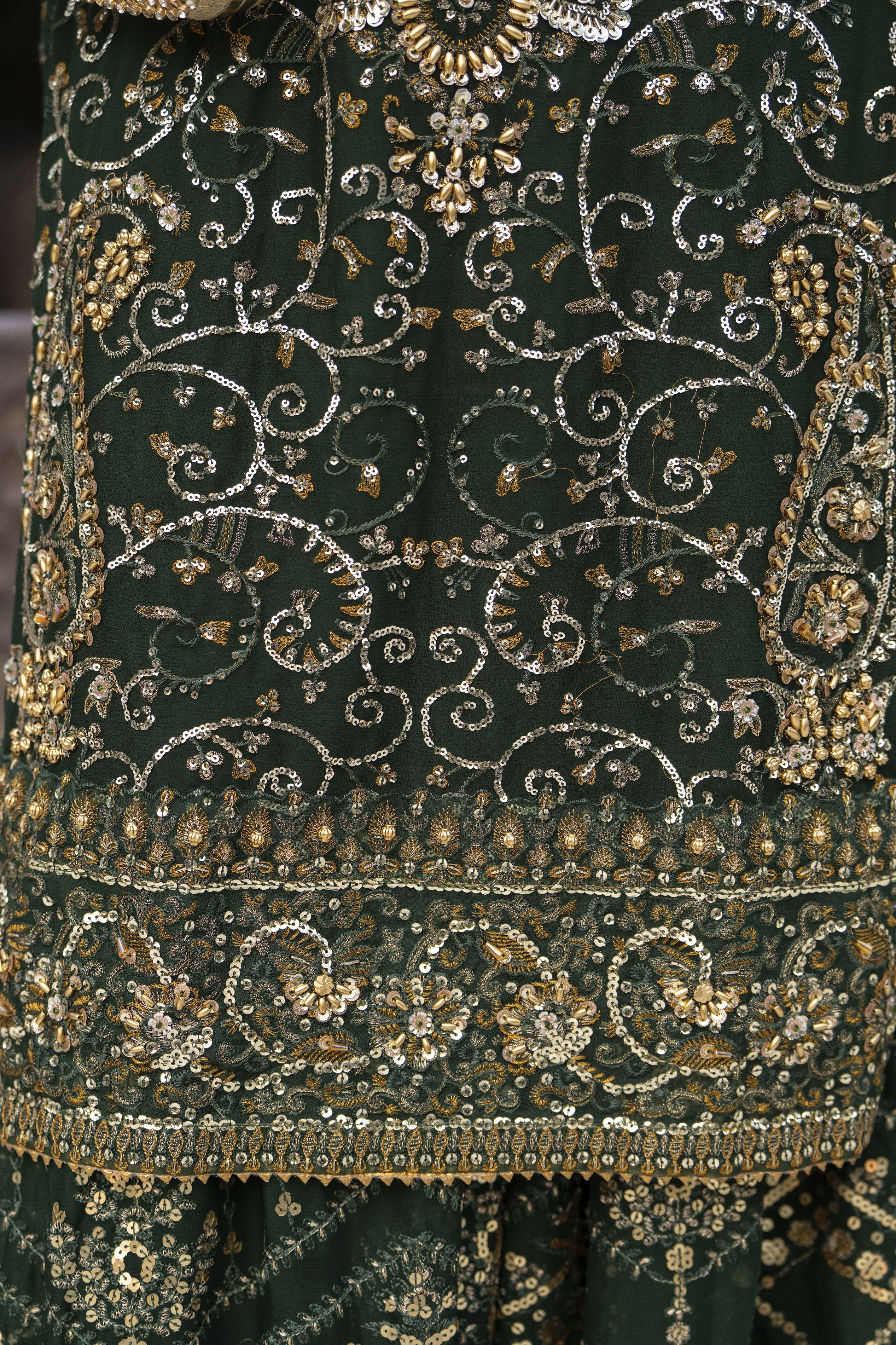 Raabtaa – A Silver Affair | Bottle Green Chiffon Handworked Formal Sharara Womenswear Set SRS09