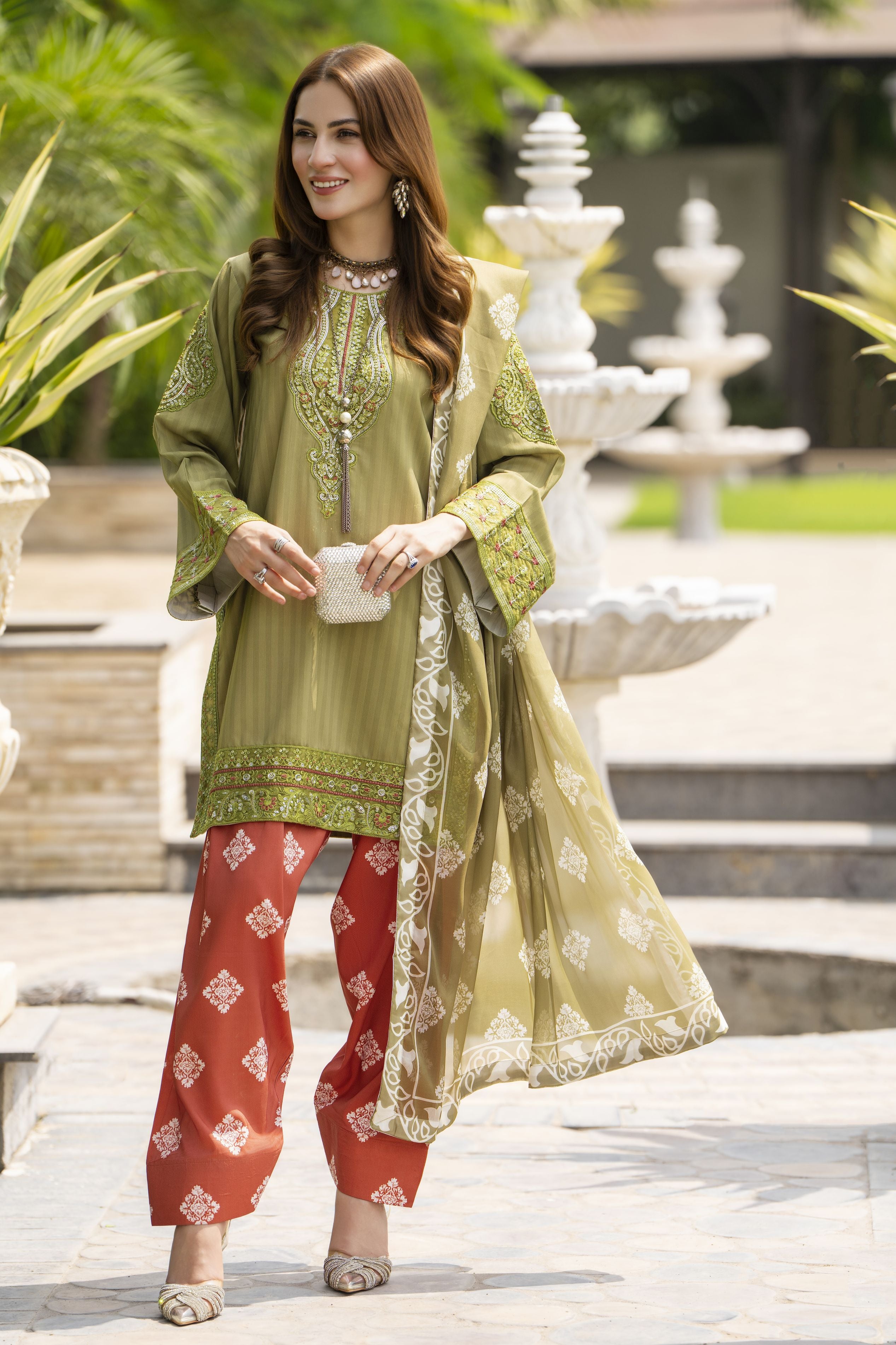Lush by Aleezay – Olive Raw Silk 3pc Dress with Farshi Shalwar Lush3
