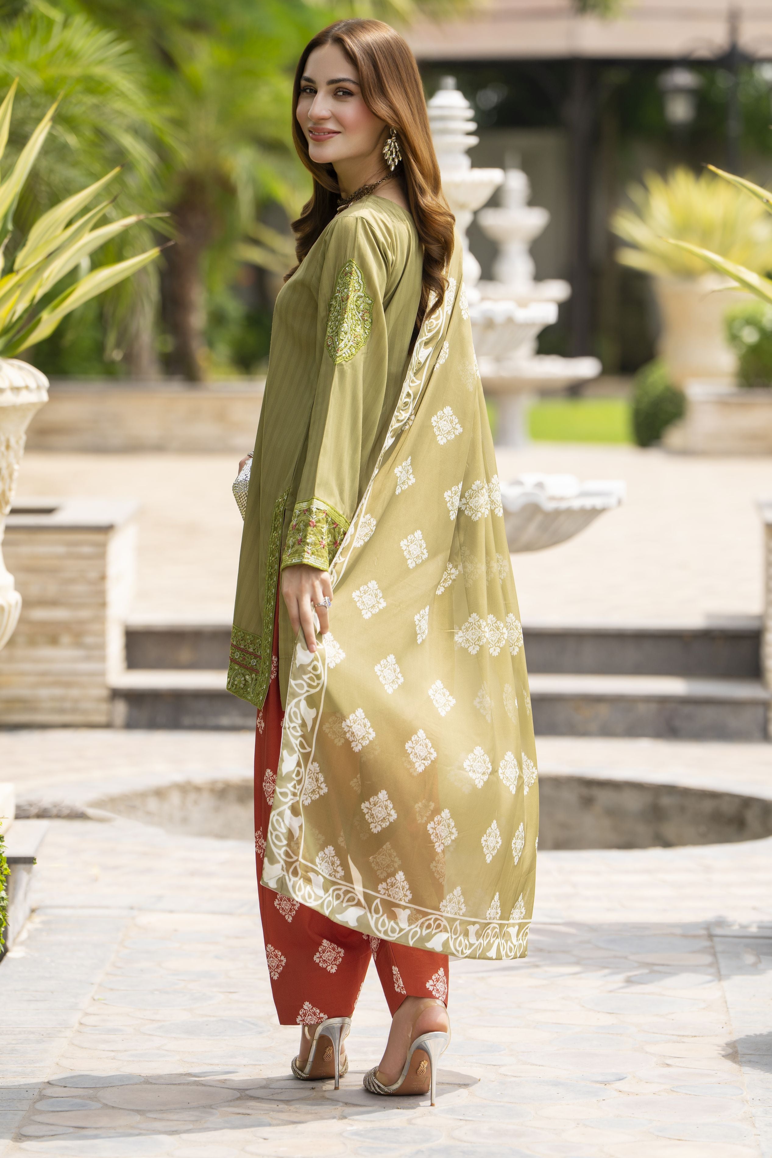Lush by Aleezay – Olive Raw Silk 3pc Dress with Farshi Shalwar Lush3
