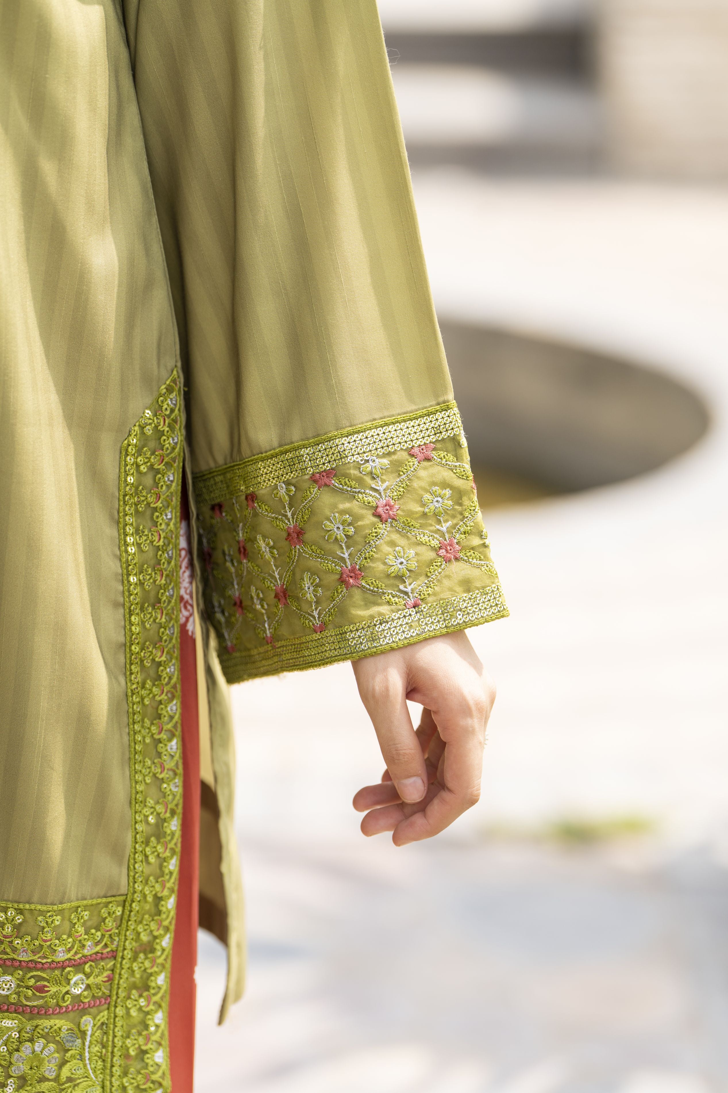 Lush by Aleezay – Olive Raw Silk 3pc Dress with Farshi Shalwar Lush3