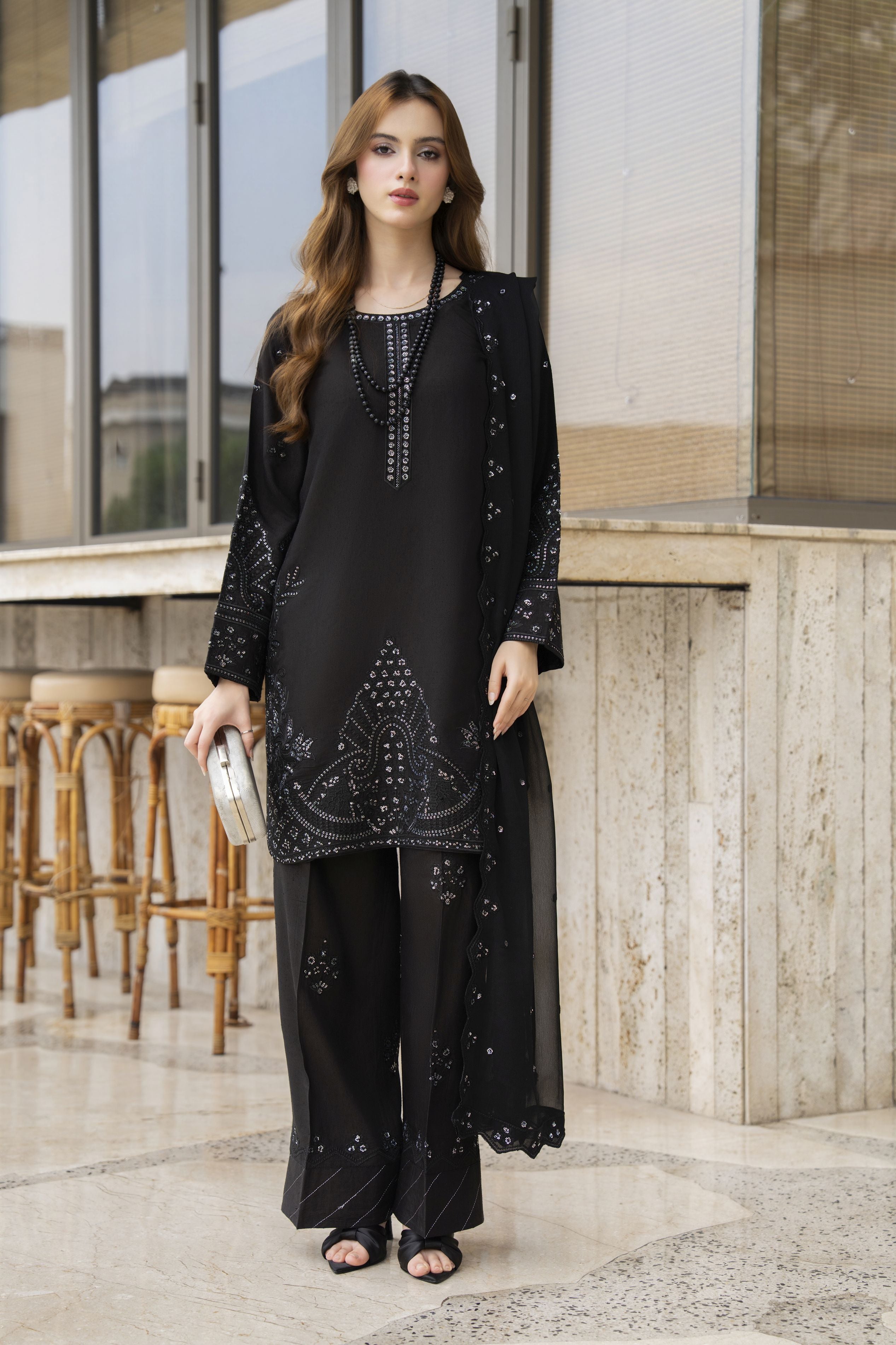 Threaded Grace Silk Karandi by Gul Warun – Black Embellished 3pc Suit TGS8