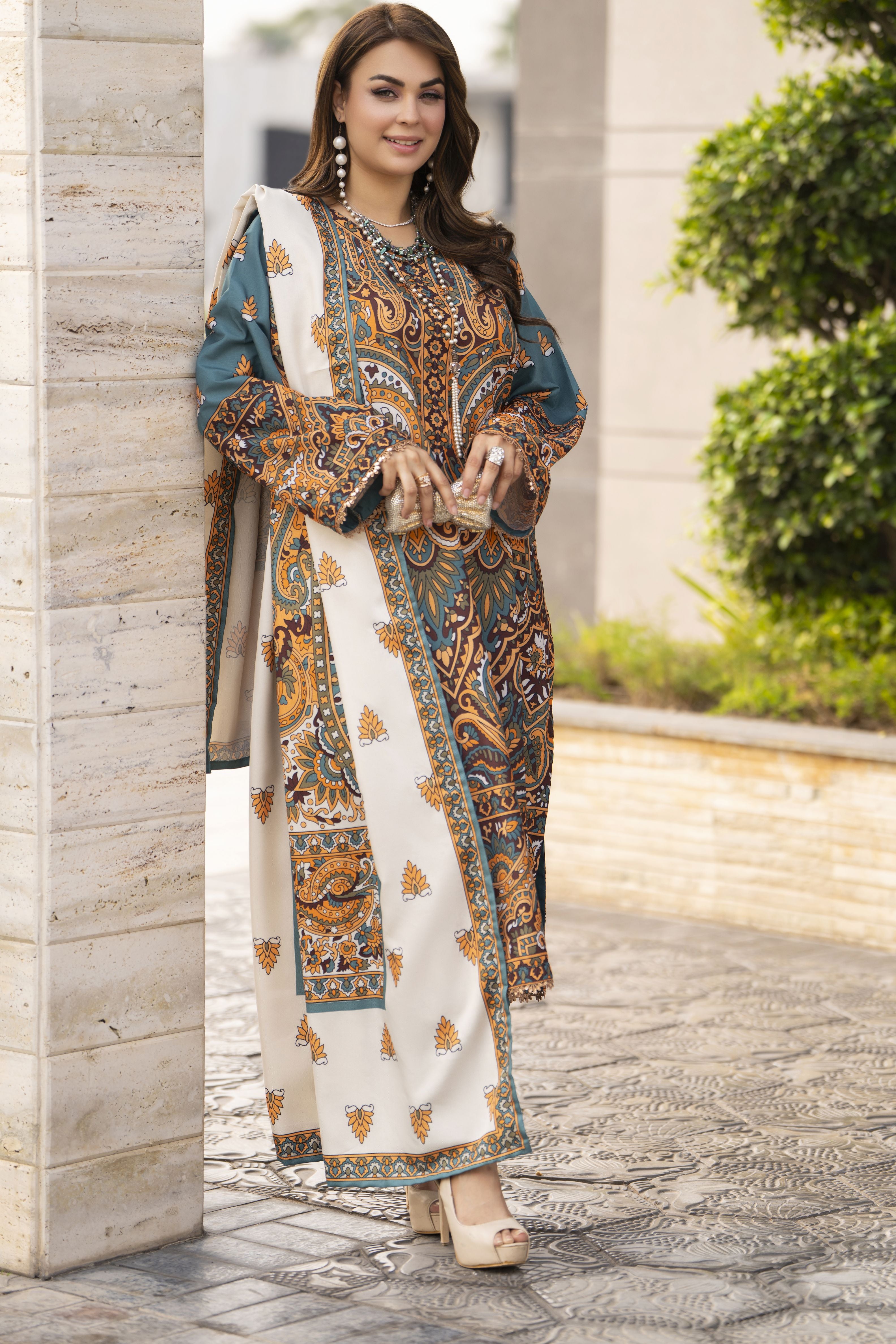 NBH4 Naqsh by Hemline Poly Grip 3PC A-Line Suit with Herringbone Dupatta