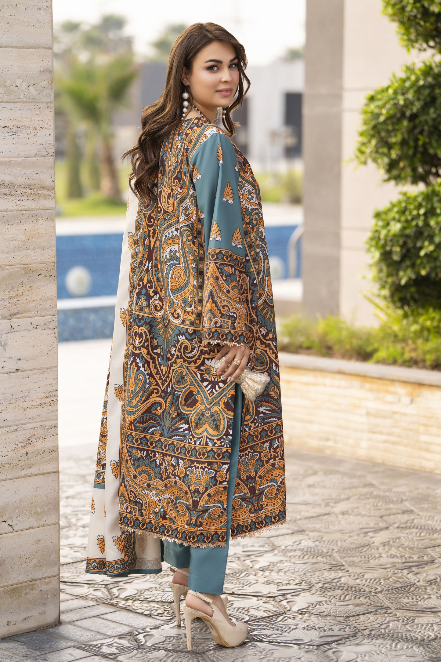 NBH4 Naqsh by Hemline Poly Grip 3PC A-Line Suit with Herringbone Dupatta