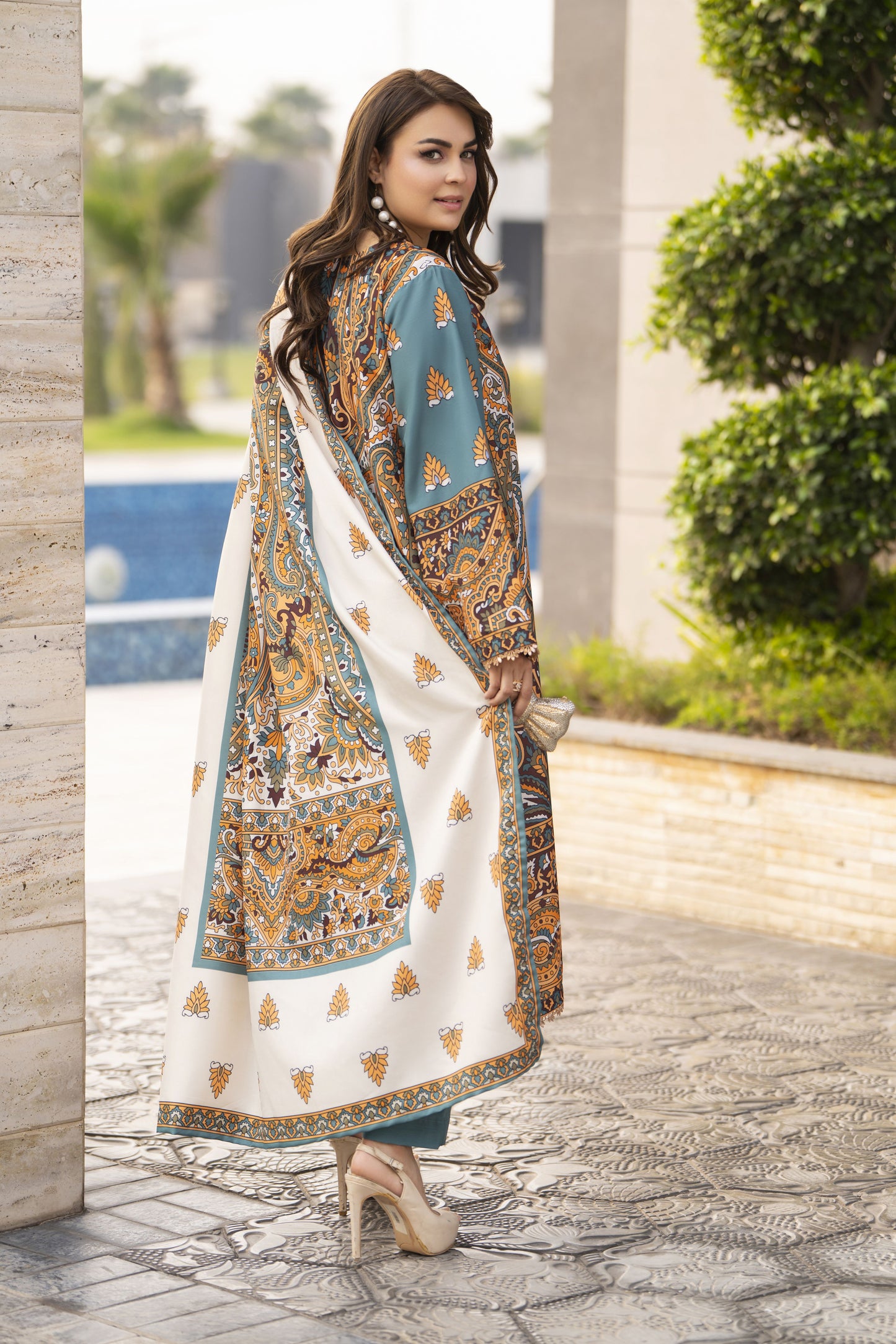 NBH4 Naqsh by Hemline Poly Grip 3PC A-Line Suit with Herringbone Dupatta