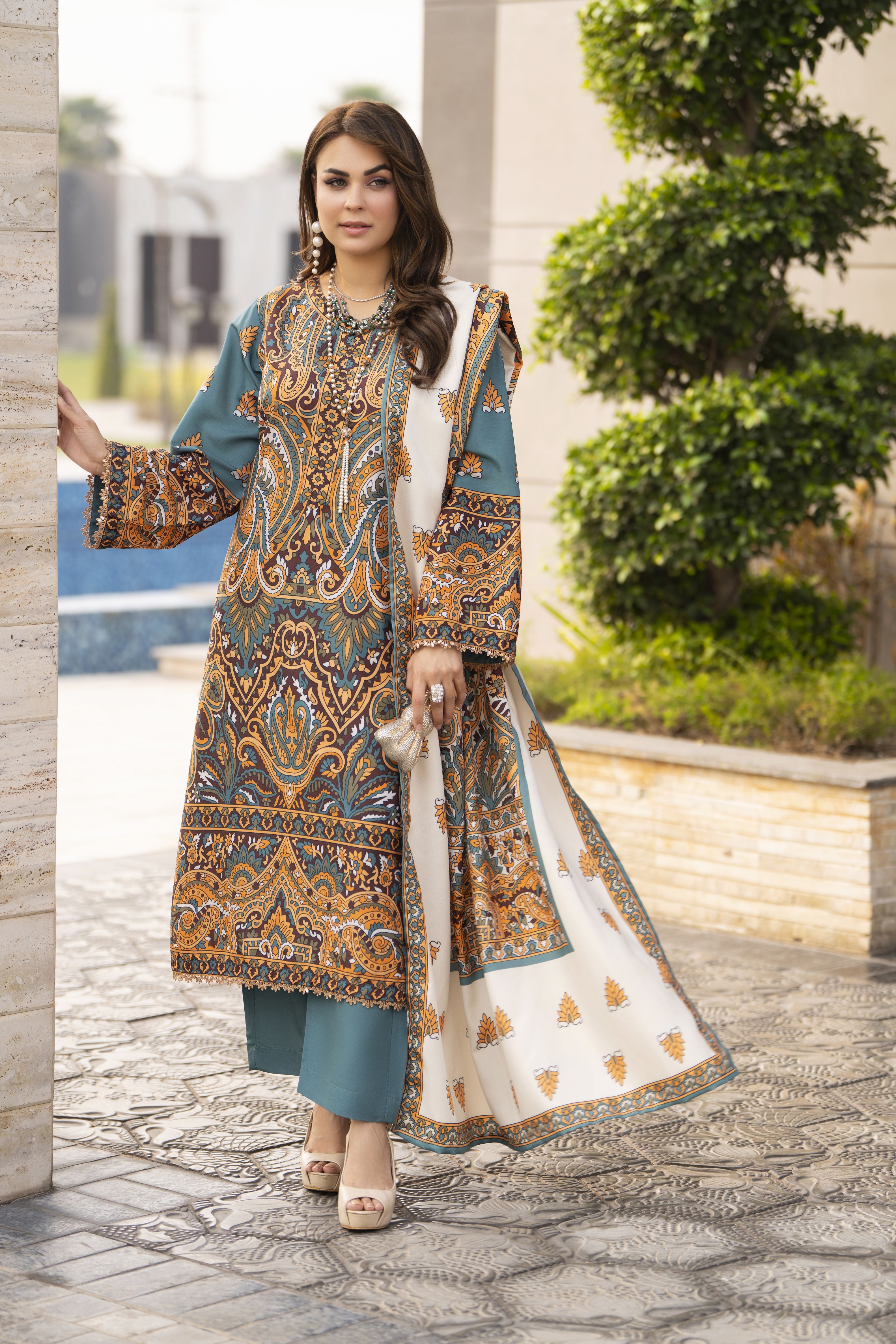 NBH4 Naqsh by Hemline Poly Grip 3PC A-Line Suit with Herringbone Dupatta