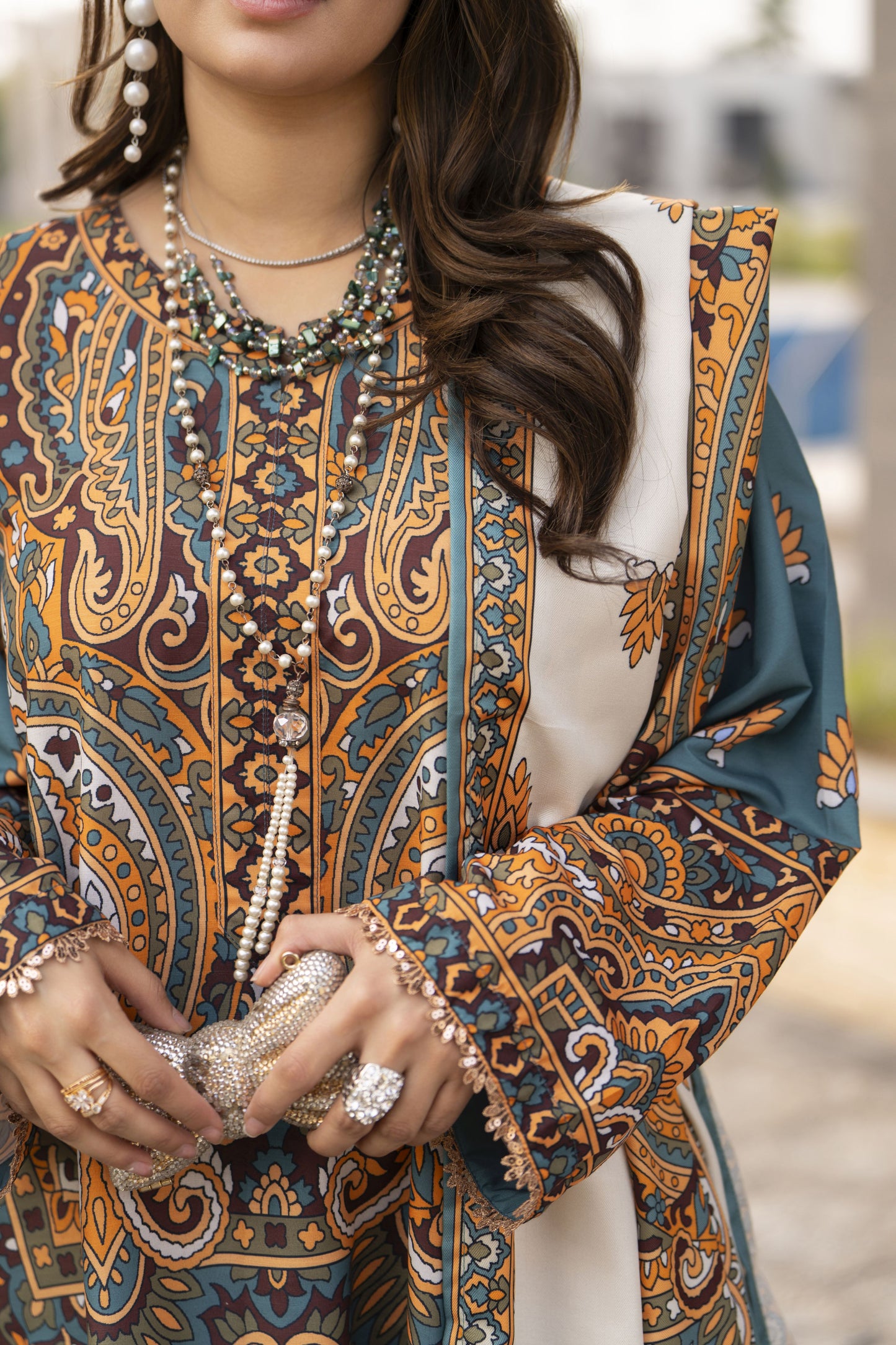 NBH4 Naqsh by Hemline Poly Grip 3PC A-Line Suit with Herringbone Dupatta