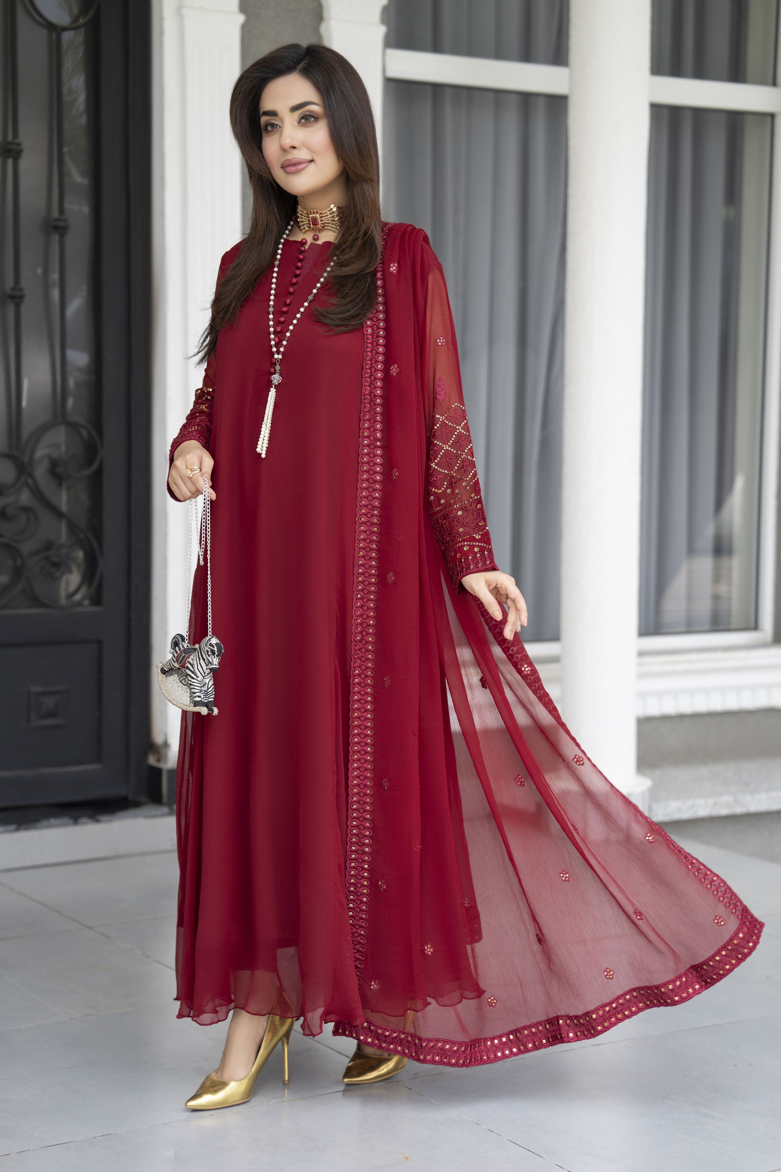 Gul Warun Lustre Chiffon – 3pc Ready to Wear Maroon Embroidered Frock LSG8