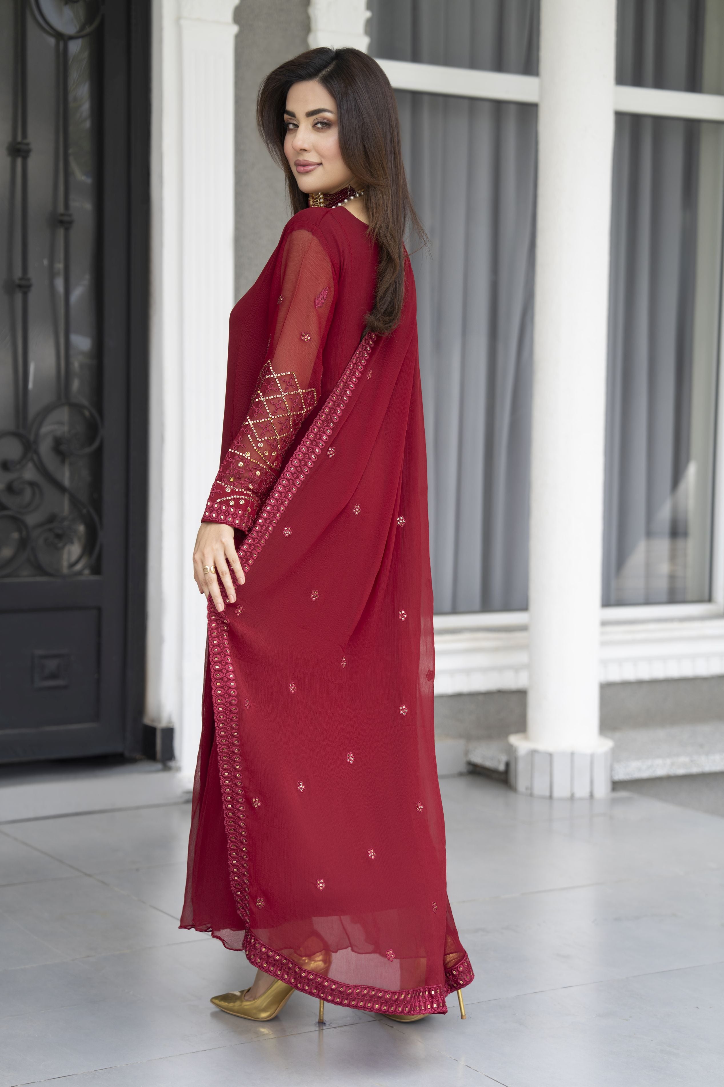 Gul Warun Lustre Chiffon – 3pc Ready to Wear Maroon Embroidered Frock LSG8