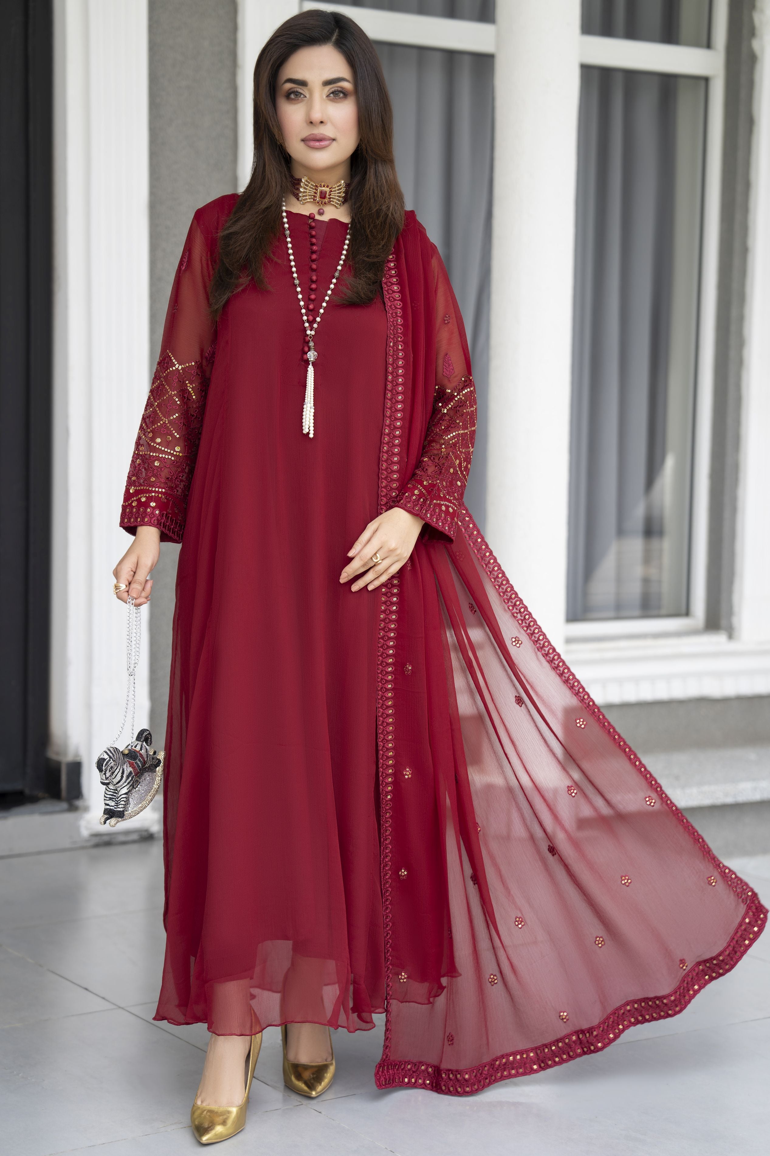 Gul Warun Lustre Chiffon – 3pc Ready to Wear Maroon Embroidered Frock LSG8