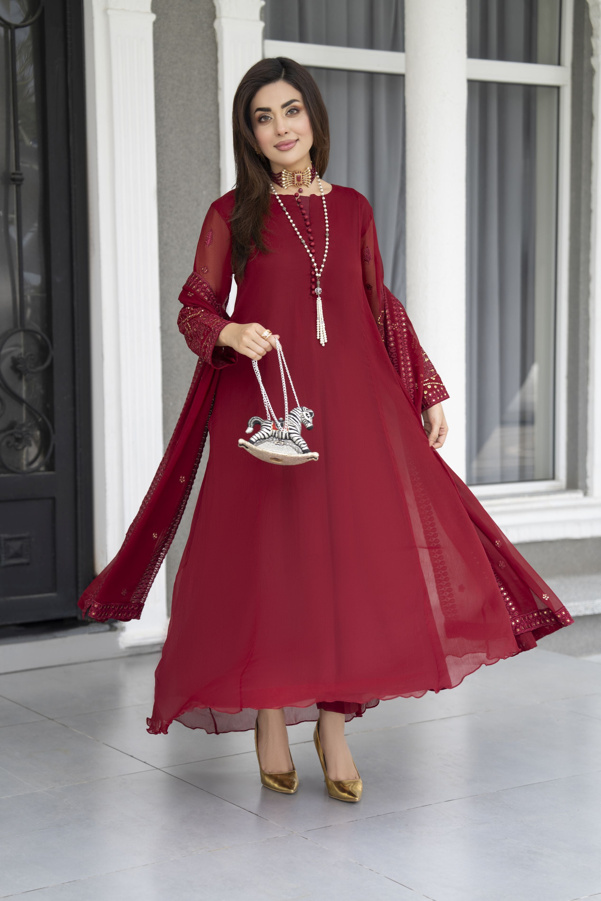 Gul Warun Lustre Chiffon – 3pc Ready to Wear Maroon Embroidered Frock LSG8